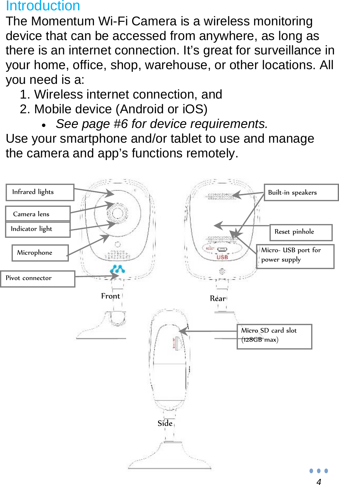 4Introduction The Momentum Wi-Fi Camera is a wireless monitoring device that can be accessed from anywhere, as long as there is an internet connection. It’s great for surveillance in your home, office, shop, warehouse, or other locations. All you need is a: 1. Wireless internet connection, and 2. Mobile device (Android or iOS)  See page #6 for device requirements. Use your smartphone and/or tablet to use and manage the camera and app’s functions remotely.                      Front RearSideBuilt-in speakers Infrared lights Camera lens Pivot connector Micro- USB port for power supply Reset pinhole Indicator light Microphone Micro SD card slot (128GB max) 