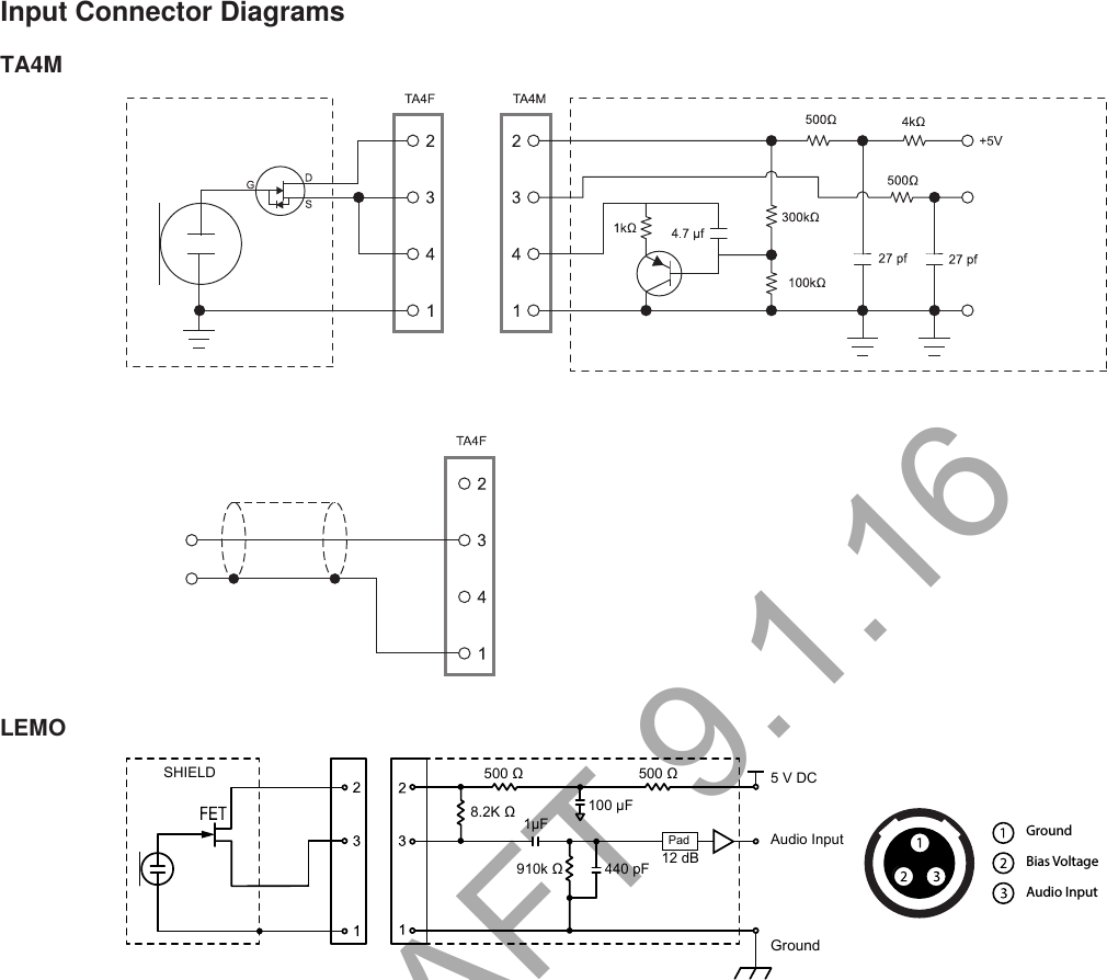 Input Connector DiagramsTA4MLEMOSHIELD.N100 µF12 dB440 pFGround5 V DCGroundBias VoltageAudio InputAudio Input1µFPadDRAFT 9.1.16