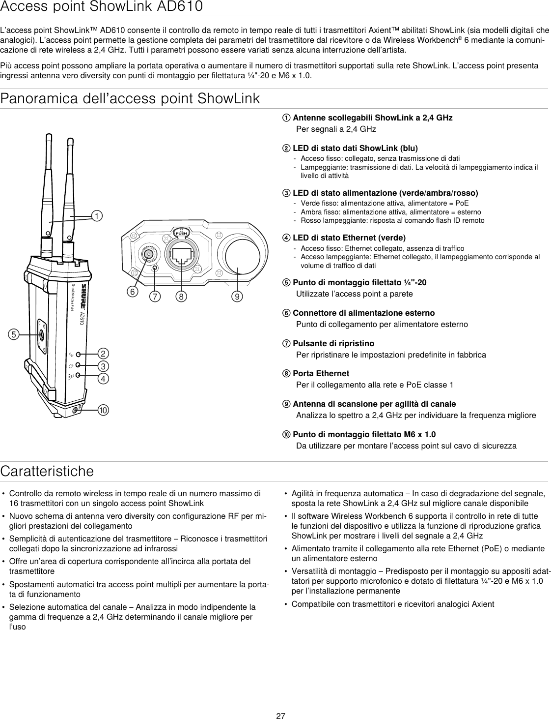 27Panoramica dell’access point ShowLinkAD610ShowLink Acces PointPUSH௟௣௤௢௠௥௡௦ ௧௨M6① Antenne scollegabili ShowLink a 2,4 GHzPer segnali a 2,4 GHz② LED di stato dati ShowLink (blu) - Acceso fisso: collegato, senza trasmissione di dati - Lampeggiante: trasmissione di dati. La velocità di lampeggiamento indica il livello di attività③ LED di stato alimentazione (verde/ambra/rosso) - Verde fisso: alimentazione attiva, alimentatore = PoE - Ambra fisso: alimentazione attiva, alimentatore = esterno - Rosso lampeggiante: risposta al comando flash ID remoto④ LED di stato Ethernet (verde) - Acceso fisso: Ethernet collegato, assenza di traffico - Acceso lampeggiante: Ethernet collegato, il lampeggiamento corrisponde al volume di traffico di dati⑤ Punto di montaggio filettato ¼&quot;-20Utilizzate l’access point a parete⑥ Connettore di alimentazione esternoPunto di collegamento per alimentatore esterno⑦ Pulsante di ripristinoPer ripristinare le impostazioni predefinite in fabbrica⑧ Porta EthernetPer il collegamento alla rete e PoE classe 1⑨ Antenna di scansione per agilità di canaleAnalizza lo spettro a 2,4 GHz per individuare la frequenza migliore⑩ Punto di montaggio filettato M6 x 1.0Da utilizzare per montare l’access point sul cavo di sicurezzaCaratteristicheAccess point ShowLink AD610L’access point ShowLink™ AD610 consente il controllo da remoto in tempo reale di tutti i trasmettitori Axient™ abilitati ShowLink (sia modelli digitali che analogici). L’access point permette la gestione completa dei parametri del trasmettitore dal ricevitore o da Wireless Workbench® 6 mediante la comuni-cazione di rete wireless a 2,4 GHz. Tutti i parametri possono essere variati senza alcuna interruzione dell’artista.Più access point possono ampliare la portata operativa o aumentare il numero di trasmettitori supportati sulla rete ShowLink. L’access point presenta ingressi antenna vero diversity con punti di montaggio per filettatura ¼&quot;-20 e M6 x 1.0.•  Controllo da remoto wireless in tempo reale di un numero massimo di 16 trasmettitori con un singolo access point ShowLink•  Nuovo schema di antenna vero diversity con configurazione RF per mi-gliori prestazioni del collegamento•  Semplicità di autenticazione del trasmettitore – Riconosce i trasmettitori collegati dopo la sincronizzazione ad infrarossi•  Offre un’area di copertura corrispondente all’incirca alla portata del trasmettitore•  Spostamenti automatici tra access point multipli per aumentare la porta-ta di funzionamento•  Selezione automatica del canale – Analizza in modo indipendente la gamma di frequenze a 2,4 GHz determinando il canale migliore per l’uso•  Agilità in frequenza automatica – In caso di degradazione del segnale, sposta la rete ShowLink a 2,4 GHz sul migliore canale disponibile•  Il software Wireless Workbench 6 supporta il controllo in rete di tutte le funzioni del dispositivo e utilizza la funzione di riproduzione grafica ShowLink per mostrare i livelli del segnale a 2,4 GHz•  Alimentato tramite il collegamento alla rete Ethernet (PoE) o mediante un alimentatore esterno•  Versatilità di montaggio – Predisposto per il montaggio su appositi adat-tatori per supporto microfonico e dotato di filettatura ¼&quot;-20 e M6 x 1.0 per l’installazione permanente•  Compatibile con trasmettitori e ricevitori analogici Axient