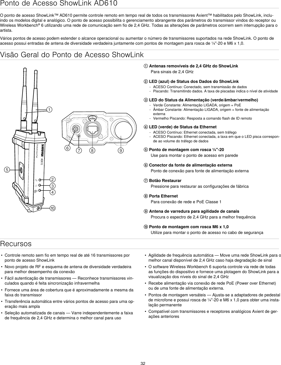 32Visão Geral do Ponto de Acesso ShowLinkAD610ShowLink Acces PointPUSH௟௣௤௢௠௥௡௦ ௧௨M6① Antenas removíveis de 2,4 GHz do ShowLinkPara sinais de 2,4 GHz② LED (azul) de Status dos Dados do ShowLink - ACESO Contínuo: Conectado, sem transmissão de dados - Piscando: Transmitindo dados. A taxa de piscadas indica o nível de atividade③ LED do Status da Alimentação (verde/âmbar/vermelho) - Verde Constante: Alimentação LIGADA, origem = PoE - Âmbar Constante: Alimentação LIGADA, origem = fonte de alimentação externa - Vermelho Piscando: Resposta a comando flash de ID remoto④ LED (verde) de Status da Ethernet - ACESO Contínuo: Ethernet conectada, sem tráfego - ACESO Piscando: Ethernet conectada, a taxa em que o LED pisca correspon-de ao volume do tráfego de dados⑤ Ponto de montagem com rosca ¼&quot;-20Use para montar o ponto de acesso em parede⑥ Conector da fonte de alimentação externaPonto de conexão para fonte de alimentação externa⑦ Botão RestaurarPressione para restaurar as configurações de fábrica⑧ Porta EthernetPara conexão de rede e PoE Classe 1⑨ Antena de varredura para agilidade de canaisProcura o espectro de 2,4 GHz para a melhor frequência⑩ Ponto de montagem com rosca M6 x 1,0Utilize para montar o ponto de acesso no cabo de segurançaRecursosPonto de Acesso ShowLink AD610O ponto de acesso ShowLink™ AD610 permite controle remoto em tempo real de todos os transmissores Axient™ habilitados pelo ShowLink, inclu-indo os modelos digital e analógico. O ponto de acesso possibilita o gerenciamento abrangente dos parâmetros do transmissor vindos do receptor ou Wireless Workbench® 6 utilizando uma rede de comunicação sem fio de 2,4 GHz. Todas as alterações de parâmetros ocorrem sem interrupção para o artista.Vários pontos de acesso podem estender o alcance operacional ou aumentar o número de transmissores suportados na rede ShowLink. O ponto de acesso possui entradas de antena de diversidade verdadeira juntamente com pontos de montagem para rosca de ¼&quot;-20 e M6 x 1,0.•  Controle remoto sem fio em tempo real de até 16 transmissores por ponto de acesso ShowLink•  Novo projeto de RF e esquema de antena de diversidade verdadeira para melhor desempenho da conexão•  Fácil autenticação de transmissores — Reconhece transmissores vin-culados quando é feita sincronização infravermelha•  Fornece uma área de cobertura que é aproximadamente a mesma da faixa do transmissor•  Transferência automática entre vários pontos de acesso para uma op-eração mais ampla•  Seleção automatizada de canais — Varre independentemente a faixa de frequência de 2,4 GHz e determina o melhor canal para uso•  Agilidade de frequência automática — Move uma rede ShowLink para o melhor canal disponível de 2,4 GHz caso haja degradação de sinal•  O software Wireless Workbench 6 suporta controle via rede de todas as funções do dispositivo e fornece uma plotagem do ShowLink para a visualização dos níveis do sinal de 2,4 GHz•  Recebe alimentação via conexão de rede PoE (Power over Ethernet) ou de uma fonte de alimentação externa.•  Pontos de montagem versáteis — Ajusta-se a adaptadores de pedestal de microfone e possui rosca de ¼&quot;-20 e M6 x 1,0 para obter uma insta-lação permanente•  Compatível com transmissores e receptores analógicos Axient de ger-ações anteriores