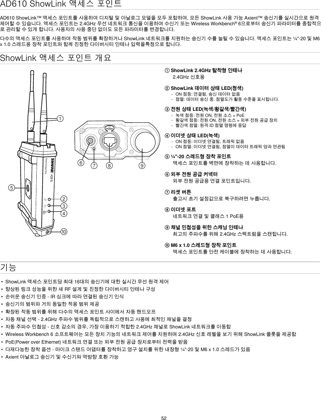 52ShowLink 액세스 포인트 개요AD610ShowLink Acces PointPUSH௟௣௤௢௠௥௡௦ ௧௨M6① ShowLink 2.4GHz 탈착형 안테나2.4GHz신호용② ShowLink 데이터 상태 LED(청색) - ON점등:연결됨,송신데이터없음 - 점멸:데이터송신중.점멸도가활동수준을표시합니다.③ 전원 상태 LED(녹색/황갈색/빨간색) - 녹색점등:전원ON,전원소스=PoE - 황갈색점등:전원ON,전원소스=외부전원공급장치 - 빨간색점멸:원격ID점멸명령에응답④ 이더넷 상태 LED(녹색) - ON점등:이더넷연결됨,트래픽없음 - ON점멸:이더넷연결됨,점멸이데이터트래픽양과연관됨⑤ ¼&quot;-20 스레드형 장착 포인트액세스포인트를벽면에장착하는데사용합니다.⑥ 외부 전원 공급 커넥터외부전원공급용연결포인트입니다.⑦ 리셋 버튼출고시초기설정값으로복구하려면누릅니다.⑧ 이더넷 포트네트워크연결및클래스1PoE용⑨ 채널 민첩성을 위한 스캐닝 안테나최고의주파수를위해2.4GHz스펙트럼을스캔합니다.⑩ M6 x 1.0 스레드형 장착 포인트액세스포인트를안전케이블에장착하는데사용합니다.기능•  ShowLink액세스포인트당최대16대의송신기에대한실시간무선원격제어•  향상된링크성능을위한새RF설계및진정한다이버시티안테나구성•  손쉬운송신기인증-IR싱크에따라연결된송신기인식•  송신기의범위와거의동일한적용범위제공•  확장된작동범위를위해다수의액세스포인트사이에서자동핸드오프•  자동채널선택-2.4GHz주파수범위를독립적으로스캔하고사용에최적인채널을결정•  자동주파수민첩성-신호감소의경우,가장이용하기적합한2.4GHz채널로ShowLink네트워크를이동함•  WirelessWorkbench6소프트웨어는모든장치기능의네트워크제어를지원하며2.4GHz신호레벨을보기위해ShowLink플롯을제공함•  PoE(PoweroverEthernet)네트워크연결또는외부전원공급장치로부터전력을받음•  다재다능한장착옵션-마이크스탠드어댑터를장착하고영구설치를위한내장형¼&quot;-20및M6x1.0스레드가있음•  Axient아날로그송신기및수신기와역방향호환가능AD610 ShowLink 액세스 포인트AD610ShowLink™액세스포인트를사용하여디지털및아날로그모델을모두포함하여,모든ShowLink사용가능Axient™송신기를실시간으로원격제어할수있습니다.액세스포인트는2.4GHz무선네트워크통신을이용하여수신기또는WirelessWorkbench®6으로부터송신기파라미터를종합적으로관리할수있게합니다.사용자의사용중단없이도모든파라미터를변경합니다.다수의액세스포인트를사용하여작동범위를확장하거나ShowLink네트워크를지원하는송신기수를늘릴수있습니다.액세스포인트는¼&quot;-20및M6x1.0스레드용장착포인트와함께진정한다이버시티안테나입력을특정으로합니다.