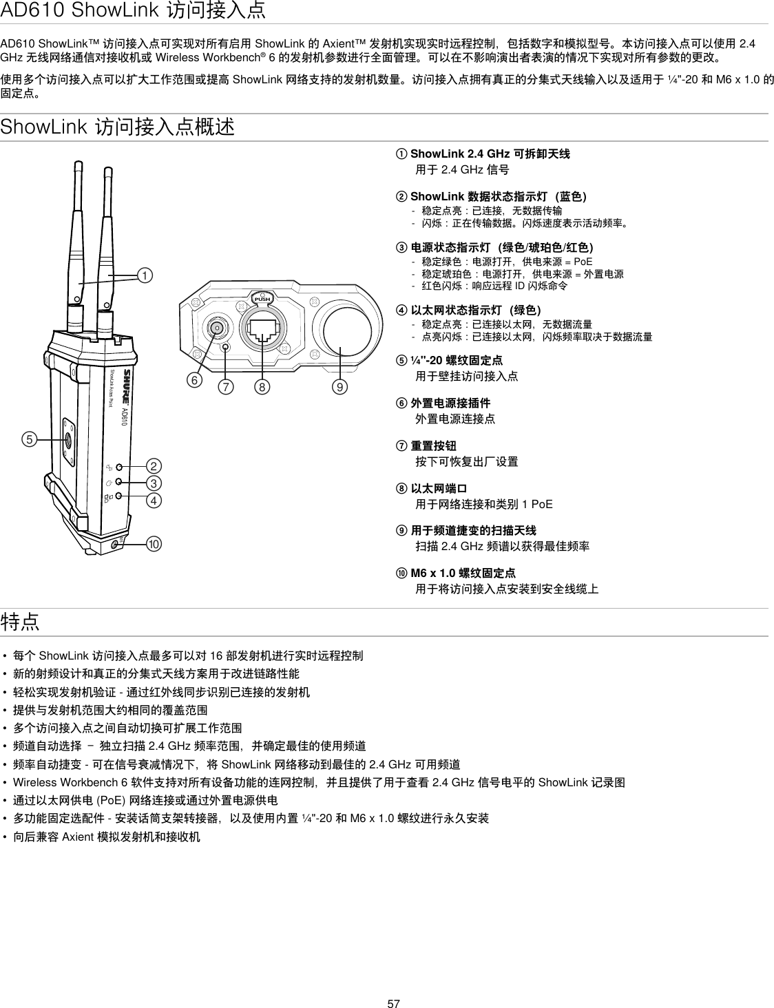 57ShowLink 访问接入点概述AD610ShowLink Acces PointPUSH௟௣௤௢௠௥௡௦ ௧௨M6① ShowLink 2.4 GHz 可拆卸天线用于2.4GHz信号② ShowLink 数据状态指示灯（蓝色） - 稳定点亮：已连接，无数据传输 - 闪烁：正在传输数据。闪烁速度表示活动频率。③ 电源状态指示灯（绿色/琥珀色/红色） - 稳定绿色：电源打开，供电来源=PoE - 稳定琥珀色：电源打开，供电来源=外置电源 - 红色闪烁：响应远程ID闪烁命令④ 以太网状态指示灯（绿色） - 稳定点亮：已连接以太网，无数据流量 - 点亮闪烁：已连接以太网，闪烁频率取决于数据流量⑤ ¼&quot;-20 螺纹固定点用于壁挂访问接入点⑥ 外置电源接插件外置电源连接点⑦ 重置按钮按下可恢复出厂设置⑧ 以太网端口用于网络连接和类别1PoE⑨ 用于频道捷变的扫描天线扫描2.4GHz频谱以获得最佳频率⑩ M6 x 1.0 螺纹固定点用于将访问接入点安装到安全线缆上特点•  每个ShowLink访问接入点最多可以对16部发射机进行实时远程控制•  新的射频设计和真正的分集式天线方案用于改进链路性能•  轻松实现发射机验证-通过红外线同步识别已连接的发射机•  提供与发射机范围大约相同的覆盖范围•  多个访问接入点之间自动切换可扩展工作范围•  频道自动选择－独立扫描2.4GHz频率范围，并确定最佳的使用频道•  频率自动捷变-可在信号衰减情况下，将ShowLink网络移动到最佳的2.4GHz可用频道•  WirelessWorkbench6软件支持对所有设备功能的连网控制，并且提供了用于查看2.4GHz信号电平的ShowLink记录图•  通过以太网供电(PoE)网络连接或通过外置电源供电•  多功能固定选配件-安装话筒支架转接器，以及使用内置¼&quot;-20和M6x1.0螺纹进行永久安装•  向后兼容Axient模拟发射机和接收机AD610 ShowLink 访问接入点AD610ShowLink™访问接入点可实现对所有启用ShowLink的Axient™发射机实现实时远程控制，包括数字和模拟型号。本访问接入点可以使用2.4GHz无线网络通信对接收机或WirelessWorkbench®6的发射机参数进行全面管理。可以在不影响演出者表演的情况下实现对所有参数的更改。使用多个访问接入点可以扩大工作范围或提高ShowLink网络支持的发射机数量。访问接入点拥有真正的分集式天线输入以及适用于¼&quot;-20和M6x1.0的固定点。