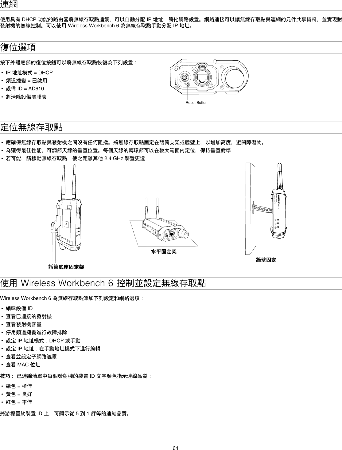 64連網使用具有DHCP功能的路由器將無線存取點連網，可以自動分配IP地址，簡化網路設置。網路連接可以讓無線存取點與連網的元件共享資料，並實現對發射機的無線控制。可以使用WirelessWorkbench6為無線存取點手動分配IP地址。復位選項按下外殼底部的復位按鈕可以將無線存取點恢復為下列設置：•  IP地址模式=DHCP•  頻道捷變=已啟用•  設備ID=AD610•  將清除設備關聯表PUSHReset Button定位無線存取點•  應確保無線存取點與發射機之間沒有任何阻擋。將無線存取點固定在話筒支架或牆壁上，以增加高度，避開障礙物。•  為獲得最佳性能，可調節天線的垂直位置。每個天線的轉環節可以在較大範圍內定位，保持垂直對準•  若可能，請移動無線存取點，使之距離其他2.4GHz裝置更遠AD610Axient DigitalShowLink Acces Point話筒底座固定架AD610ShowLink Acces Point水平固定架AD610Axient DigitalShowLink Acces PointM6牆壁固定使用 Wireless Workbench 6 控制並設定無線存取點WirelessWorkbench6為無線存取點添加下列設定和網路選項：•  編輯設備ID•  查看已連接的發射機•  查看發射機容量•  停用頻道捷變進行故障排除•  設定IP地址模式：DHCP或手動•  設定IP地址：在手動地址模式下進行編輯•  查看並設定子網路遮罩•  查看MAC位址技巧： 已連線清單中每個發射機的裝置ID文字顏色指示連線品質：•  綠色=極佳•  黃色=良好•  紅色=不佳將游標置於裝置ID上，可顯示從5到1評等的連結品質。