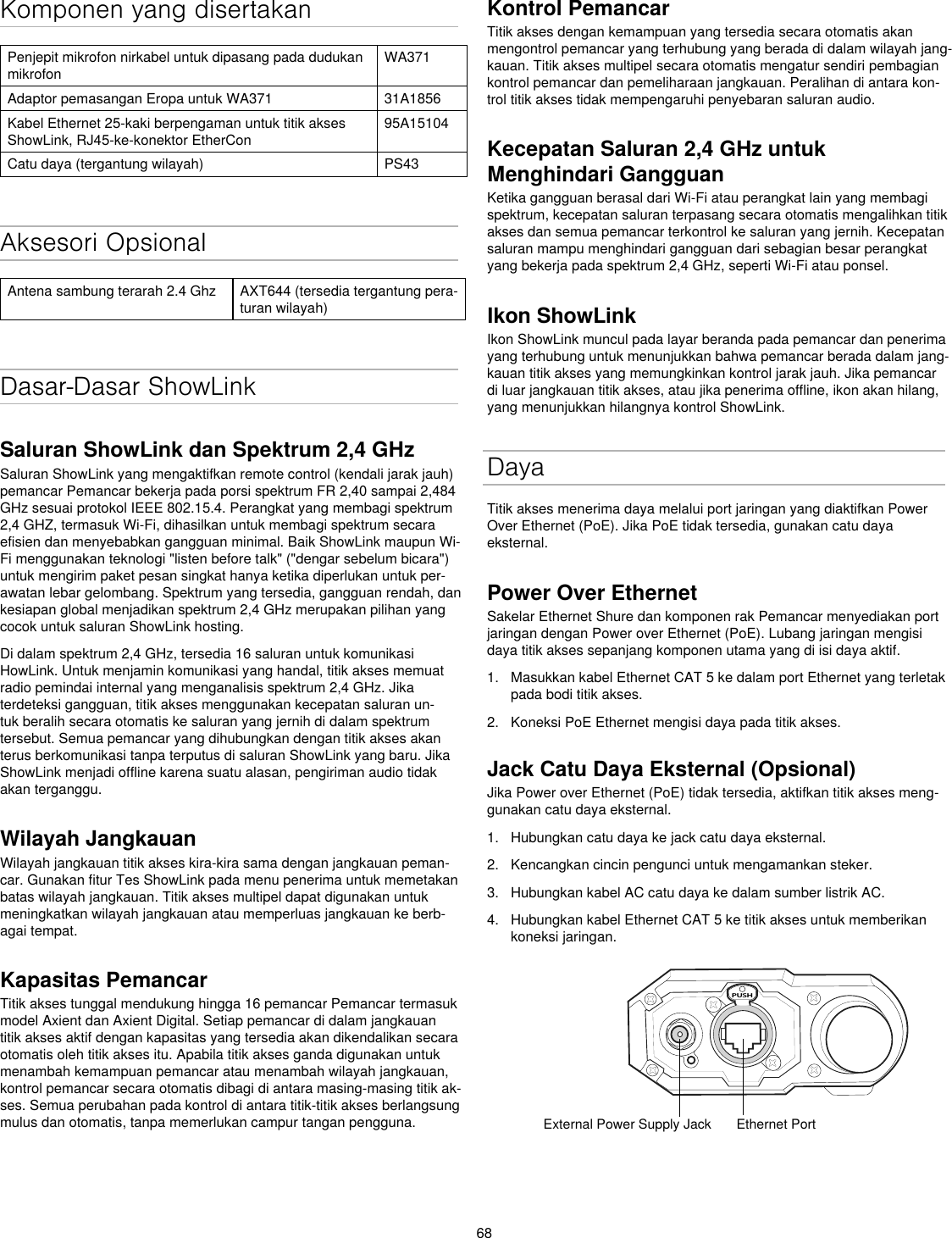 68Komponen yang disertakanPenjepit mikrofon nirkabel untuk dipasang pada dudukan mikrofonWA371Adaptor pemasangan Eropa untuk WA371 31A1856Kabel Ethernet 25-kaki berpengaman untuk titik akses ShowLink, RJ45-ke-konektor EtherCon95A15104Catu daya (tergantung wilayah) PS43Aksesori OpsionalAntena sambung terarah 2.4 Ghz AXT644 (tersedia tergantung pera-turan wilayah)Dasar-Dasar ShowLinkSaluran ShowLink dan Spektrum 2,4 GHzSaluran ShowLink yang mengaktifkan remote control (kendali jarak jauh) pemancar Pemancar bekerja pada porsi spektrum FR 2,40 sampai 2,484 GHz sesuai protokol IEEE 802.15.4. Perangkat yang membagi spektrum 2,4 GHZ, termasuk Wi-Fi, dihasilkan untuk membagi spektrum secara efisien dan menyebabkan gangguan minimal. Baik ShowLink maupun Wi-Fi menggunakan teknologi &quot;listen before talk&quot; (&quot;dengar sebelum bicara&quot;) untuk mengirim paket pesan singkat hanya ketika diperlukan untuk per-awatan lebar gelombang. Spektrum yang tersedia, gangguan rendah, dan kesiapan global menjadikan spektrum 2,4 GHz merupakan pilihan yang cocok untuk saluran ShowLink hosting.Di dalam spektrum 2,4 GHz, tersedia 16 saluran untuk komunikasi HowLink. Untuk menjamin komunikasi yang handal, titik akses memuat radio pemindai internal yang menganalisis spektrum 2,4 GHz. Jika terdeteksi gangguan, titik akses menggunakan kecepatan saluran un-tuk beralih secara otomatis ke saluran yang jernih di dalam spektrum tersebut. Semua pemancar yang dihubungkan dengan titik akses akan terus berkomunikasi tanpa terputus di saluran ShowLink yang baru. Jika ShowLink menjadi offline karena suatu alasan, pengiriman audio tidak akan terganggu.Wilayah JangkauanWilayah jangkauan titik akses kira-kira sama dengan jangkauan peman-car. Gunakan fitur Tes ShowLink pada menu penerima untuk memetakan batas wilayah jangkauan. Titik akses multipel dapat digunakan untuk meningkatkan wilayah jangkauan atau memperluas jangkauan ke berb-agai tempat.Kapasitas PemancarTitik akses tunggal mendukung hingga 16 pemancar Pemancar termasuk model Axient dan Axient Digital. Setiap pemancar di dalam jangkauan titik akses aktif dengan kapasitas yang tersedia akan dikendalikan secara otomatis oleh titik akses itu. Apabila titik akses ganda digunakan untuk menambah kemampuan pemancar atau menambah wilayah jangkauan, kontrol pemancar secara otomatis dibagi di antara masing-masing titik ak-ses. Semua perubahan pada kontrol di antara titik-titik akses berlangsung mulus dan otomatis, tanpa memerlukan campur tangan pengguna.Kontrol PemancarTitik akses dengan kemampuan yang tersedia secara otomatis akan mengontrol pemancar yang terhubung yang berada di dalam wilayah jang-kauan. Titik akses multipel secara otomatis mengatur sendiri pembagian kontrol pemancar dan pemeliharaan jangkauan. Peralihan di antara kon-trol titik akses tidak mempengaruhi penyebaran saluran audio.Kecepatan Saluran 2,4 GHz untuk Menghindari Gangguan Ketika gangguan berasal dari Wi-Fi atau perangkat lain yang membagi spektrum, kecepatan saluran terpasang secara otomatis mengalihkan titik akses dan semua pemancar terkontrol ke saluran yang jernih. Kecepatan saluran mampu menghindari gangguan dari sebagian besar perangkat yang bekerja pada spektrum 2,4 GHz, seperti Wi-Fi atau ponsel.Ikon ShowLinkIkon ShowLink muncul pada layar beranda pada pemancar dan penerima yang terhubung untuk menunjukkan bahwa pemancar berada dalam jang-kauan titik akses yang memungkinkan kontrol jarak jauh. Jika pemancar di luar jangkauan titik akses, atau jika penerima offline, ikon akan hilang, yang menunjukkan hilangnya kontrol ShowLink.DayaTitik akses menerima daya melalui port jaringan yang diaktifkan Power Over Ethernet (PoE). Jika PoE tidak tersedia, gunakan catu daya eksternal.Power Over EthernetSakelar Ethernet Shure dan komponen rak Pemancar menyediakan port jaringan dengan Power over Ethernet (PoE). Lubang jaringan mengisi daya titik akses sepanjang komponen utama yang di isi daya aktif.1.  Masukkan kabel Ethernet CAT 5 ke dalam port Ethernet yang terletak pada bodi titik akses.2.  Koneksi PoE Ethernet mengisi daya pada titik akses.Jack Catu Daya Eksternal (Opsional)Jika Power over Ethernet (PoE) tidak tersedia, aktifkan titik akses meng-gunakan catu daya eksternal.1.  Hubungkan catu daya ke jack catu daya eksternal.2.  Kencangkan cincin pengunci untuk mengamankan steker.3.  Hubungkan kabel AC catu daya ke dalam sumber listrik AC.4.  Hubungkan kabel Ethernet CAT 5 ke titik akses untuk memberikan koneksi jaringan.PUSHExternal Power Supply Jack Ethernet Port