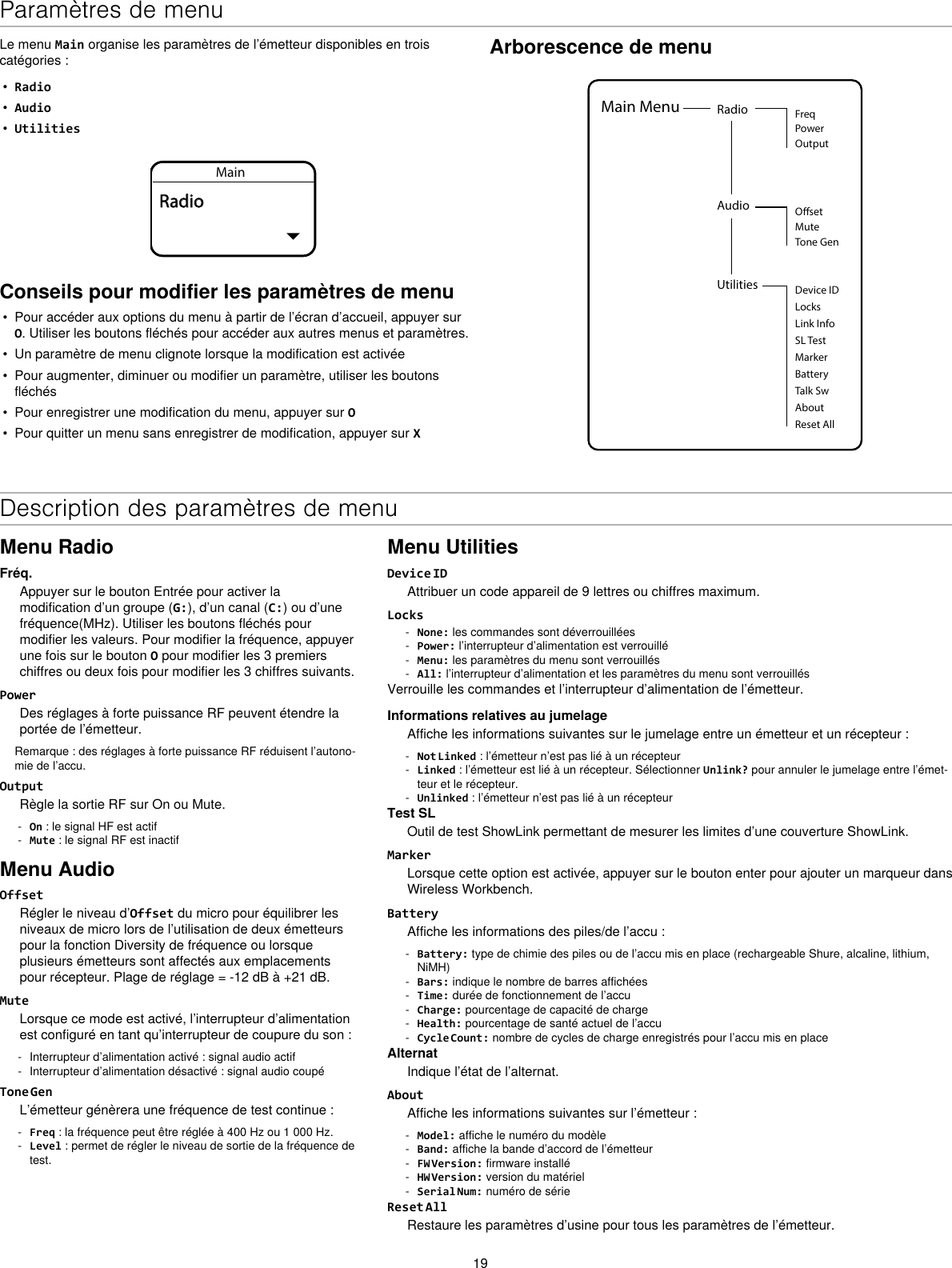 19Arborescence de menuUtilities Device IDLocksMarkerAboutBatteryTalk SwReset AllMain Menu Radio FreqPowerOutputAudio OsetMuteTone GenLink InfoSL TestLe menu Main organise les paramètres de l’émetteur disponibles en trois catégories :•  Radio•  Audio•  UtilitiesMainRadioConseils pour modifier les paramètres de menu•  Pour accéder aux options du menu à partir de l’écran d’accueil, appuyer sur O. Utiliser les boutons fléchés pour accéder aux autres menus et paramètres.•  Un paramètre de menu clignote lorsque la modification est activée•  Pour augmenter, diminuer ou modifier un paramètre, utiliser les boutons fléchés•  Pour enregistrer une modification du menu, appuyer sur O•  Pour quitter un menu sans enregistrer de modification, appuyer sur XDescription des paramètres de menuMenu RadioFréq.Appuyer sur le bouton Entrée pour activer la modification d’un groupe (G:), d’un canal (C:) ou d’une fréquence(MHz). Utiliser les boutons fléchés pour modifier les valeurs. Pour modifier la fréquence, appuyer une fois sur le bouton O pour modifier les 3 premiers chiffres ou deux fois pour modifier les 3 chiffres suivants.PowerDes réglages à forte puissance RF peuvent étendre la portée de l’émetteur.Remarque : des réglages à forte puissance RF réduisent l’autono-mie de l’accu.OutputRègle la sortie RF sur On ou Mute. - On : le signal HF est actif - Mute : le signal RF est inactifMenu AudioOffsetRégler le niveau d’Offset du micro pour équilibrer les niveaux de micro lors de l’utilisation de deux émetteurs pour la fonction Diversity de fréquence ou lorsque plusieurs émetteurs sont affectés aux emplacements pour récepteur. Plage de réglage = -12 dB à +21 dB.MuteLorsque ce mode est activé, l’interrupteur d’alimentation est configuré en tant qu’interrupteur de coupure du son : - Interrupteur d’alimentation activé : signal audio actif - Interrupteur d’alimentation désactivé : signal audio coupéTone GenL’émetteur génèrera une fréquence de test continue : - Freq : la fréquence peut être réglée à 400 Hz ou 1 000 Hz. - Level : permet de régler le niveau de sortie de la fréquence de test.Menu UtilitiesDevice IDAttribuer un code appareil de 9 lettres ou chiffres maximum.Locks - None: les commandes sont déverrouillées - Power: l’interrupteur d’alimentation est verrouillé - Menu: les paramètres du menu sont verrouillés - All: l’interrupteur d’alimentation et les paramètres du menu sont verrouillésVerrouille les commandes et l’interrupteur d’alimentation de l’émetteur.Informations relatives au jumelageAffiche les informations suivantes sur le jumelage entre un émetteur et un récepteur : - Not Linked : l’émetteur n’est pas lié à un récepteur - Linked : l’émetteur est lié à un récepteur. Sélectionner Unlink? pour annuler le jumelage entre l’émet-teur et le récepteur. - Unlinked : l’émetteur n’est pas lié à un récepteurTest SLOutil de test ShowLink permettant de mesurer les limites d’une couverture ShowLink.MarkerLorsque cette option est activée, appuyer sur le bouton enter pour ajouter un marqueur dans Wireless Workbench.BatteryAffiche les informations des piles/de l’accu : - Battery: type de chimie des piles ou de l’accu mis en place (rechargeable Shure, alcaline, lithium, NiMH) - Bars: indique le nombre de barres affichées - Time: durée de fonctionnement de l’accu - Charge: pourcentage de capacité de charge - Health: pourcentage de santé actuel de l’accu - Cycle Count: nombre de cycles de charge enregistrés pour l’accu mis en placeAlternatIndique l’état de l’alternat.AboutAffiche les informations suivantes sur l’émetteur : - Model: affiche le numéro du modèle - Band: affiche la bande d’accord de l’émetteur - FW Version: firmware installé - HW Version: version du matériel - Serial Num: numéro de sérieReset AllRestaure les paramètres d’usine pour tous les paramètres de l’émetteur.Paramètres de menu