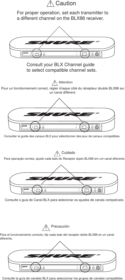 For proper operation, set each transmitter to a different channel on the BLX88 receiver. Cautionaudio ready channelDiversity Antenna SystemPG4audio ready group(A-Y)channel(0-9)BLX88poweraudio ready group(A-Y)channel(0-9)Consult your BLX Channel guide to select compatible channel sets.Pour un fonctionnement correct, régler chaque côté du récepteur double BLX88 sur un canal différent. AttentionConsulter le guide des canaux BLX pour sélectionner des jeux de canaux compatibles.audio ready channelDiversity Antenna SystemPG4audio ready group(A-Y)channel(0-9)BLX88poweraudio ready group(A-Y)channel(0-9)Para operação correta, ajuste cada lado do Receptor duplo BLX88 em um canal diferente.CuidadoConsulte o guia de Canal BLX para selecionar os ajustes de canais compatíveis.audio ready channelDiversity Antenna SystemPG4audio ready group(A-Y)channel(0-9)BLX88poweraudio ready group(A-Y)channel(0-9)Para el funcionamiento correcto, fije cada lado del receptor doble BLX88 en un canal diferente.PrecauciónConsulte la guía de canales BLX para seleccionar los grupos de canales compatibles.audio ready channelDiversity Antenna SystemPG4audio ready group(A-Y)channel(0-9)BLX88poweraudio ready group(A-Y)channel(0-9)