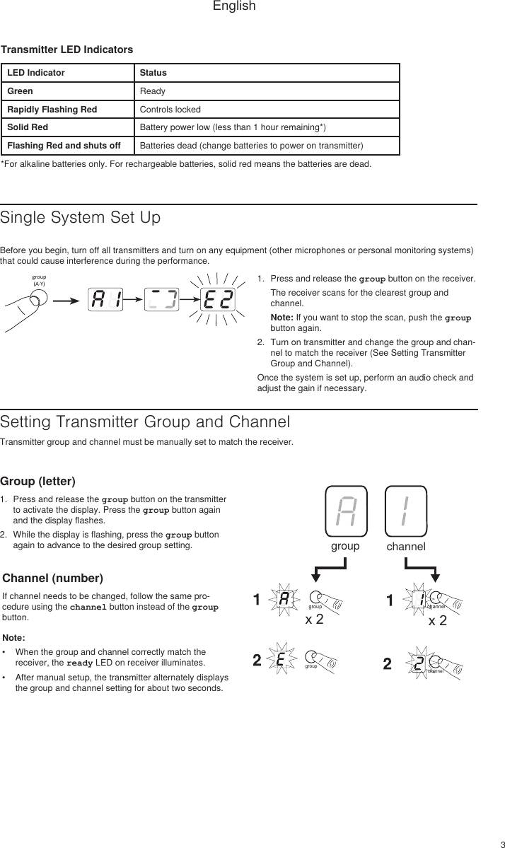 3Transmitter LED IndicatorsLED Indicator StatusGreen ReadyRapidly Flashing Red Controls lockedSolid Red Battery power low (less than 1 hour remaining*)Flashing Red and shuts off Batteries dead (change batteries to power on transmitter)*For alkaline batteries only. For rechargeable batteries, solid red means the batteries are dead.Single System Set Upgroup(A-Y)Setting Transmitter Group and ChannelTransmitter group and channel must be manually set to match the receiver.Group (letter)1.  Press and release the group button on the transmitter to activate the display. Press the group button again and the display flashes. 2.  While the display is flashing, press the group button again to advance to the desired group setting. Channel (number)If channel needs to be changed, follow the same pro-cedure using the channel button instead of the group button. Note: •  When the group and channel correctly match the receiver, the ready LED on receiver illuminates. •  After manual setup, the transmitter alternately displays the group and channel setting for about two seconds. 1.  Press and release the group button on the receiver. The receiver scans for the clearest group and channel.Note: If you want to stop the scan, push the group button again.2.  Turn on transmitter and change the group and chan-nel to match the receiver (See Setting Transmitter Group and Channel). Once the system is set up, perform an audio check and adjust the gain if necessary.Before you begin, turn off all transmitters and turn on any equipment (other microphones or personal monitoring systems) that could cause interference during the performance.channelgroupchannelgroupgroup channelx 2 x 2English