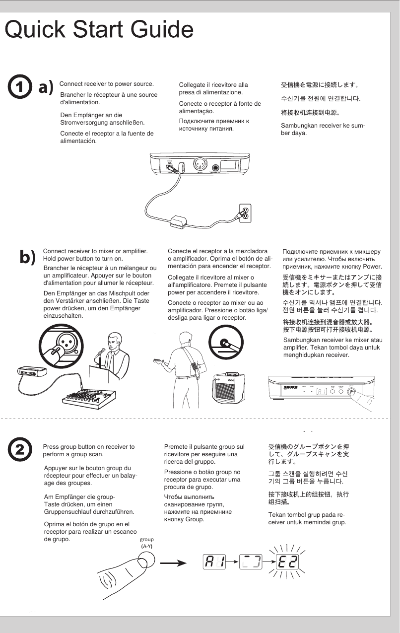 POWERMIC OUTINSTRUMENT OUT12-18 V160 mAgroup(A-Y)Connect receiver to power source. a)b)Press group button on receiver to perform a group scan.   Connect receiver to mixer or amplifier.  Hold power button to turn on.  audio ready group(A-Y)channel(0-9)powerBLX4Brancher le récepteur à une source d&apos;alimentation.  Brancher le récepteur à un mélangeur ou un amplificateur. Appuyer sur le bouton d&apos;alimentation pour allumer le récepteur. Appuyer sur le bouton group du récepteur pour effectuer un balay-age des groupes.Den Empfänger an die Stromversorgung anschließen.  Den Empfänger an das Mischpult oder den Verstärker anschließen. Die Taste power drücken, um den Empfänger einzuschalten. Am Empfänger die group-Taste drücken, um einen Gruppensuchlauf durchzuführen.Conecte el receptor a la fuente de alimentación.  Conecte el receptor a la mezcladora o amplificador. Oprima el botón de ali-mentación para encender el receptor. Oprima el botón de grupo en el receptor para realizar un escaneo de grupo.Collegate il ricevitore alla presa di alimentazione.  Collegate il ricevitore al mixer o all&apos;amplificatore. Premete il pulsante power per accendere il ricevitore. Premete il pulsante group sul ricevitore per eseguire una ricerca del gruppo.Conecte o receptor à fonte de alimentação.  Conecte o receptor ao mixer ou ao amplificador. Pressione o botão liga/desliga para ligar o receptor. Pressione o botão group no receptor para executar uma procura de grupo.Подключите приемник к источнику питания.  Подключите приемник к микшеру или усилителю. Чтобы включить приемник, нажмите кнопку Power. Чтобы выполнить сканирование групп, нажмите на приемнике кнопку Group.受信機を電源に接続します。  受信機をミキサーまたはアンプに接続します。電源ボタンを押して受信機をオンにします。 受信機のグループボタンを押して、グループスキャンを実行します。수신기를 전원에 연결합니다.  수신기를 믹서나 앰프에 연결합니다. 전원 버튼을 눌러 수신기를 켭니다. 그룹 스캔을 실행하려면 수신기의 그룹 버튼을 누릅니다.将接收机连接到电源。  将接收机连接到混音器或放大器。按下电源按钮可打开接收机电源。 按下接收机上的组按钮，执行组扫描。Sambungkan receiver ke sum-ber daya.  Sambungkan receiver ke mixer atau amplifier. Tekan tombol daya untuk menghidupkan receiver. Tekan tombol grup pada re-ceiver untuk memindai grup.