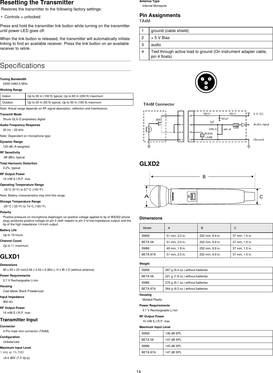 14Resetting the Transmitter Restores the transmitter to the following factory settings:•  Controls = unlockedPress and hold the transmitter link button while turning on the transmitter until power LED goes off.When the link button is released, the transmitter will automatically initiate linking to find an available receiver. Press the link button on an available receiver to relink.SpecificationsTuning Bandwidth2400–2483.5 MHzWorking RangeIndoor Up to 30 m (100 ft) typical, Up to 60 m (200 ft) maximumOutdoor Up to 20 m (65 ft) typical, Up to 50 m (165 ft) maximumNote: Actual range depends on RF signal absorption, reflection and interference.Transmit ModeShure GLX-D proprietary digitalAudio Frequency Response20 Hz – 20 kHzNote: Dependent on microphone typeDynamic Range120 dB, A-weightedRF Sensitivity-88 dBm, typicalTotal Harmonic Distortion0.2%, typicalRF Output Power10 mW E.I.R.P. maxOperating Temperature Range-18°C (0°F) to 57°C (135°F)Note: Battery characteristics may limit this range.Storage Temperature Range-29°C (-20°F) to 74°C (165°F)PolarityPositive pressure on microphone diaphragm (or positive voltage applied to tip of WA302 phone plug) produces positive voltage on pin 2 (with respect to pin 3 of low-impedance output) and the tip of the high impedance 1/4-inch output.Battery LifeUp to 16 hoursChannel CountUp to 11 maximumGLXD1Dimensions90 x 65 x 23 mm(3.56 x 2.54 x 0.90in.), H x W x D (without antenna)Power Requirements3.7 V Rechargeable Li-IonHousingCast Metal, Black PowdercoatInput Impedance900kΩRF Output Power10 mW E.I.R.P. maxTransmitter InputConnector4-Pin male mini connector (TA4M)ConfigurationUnbalancedMaximum Input Level1 kHz at 1% THD+8.4 dBV (7.5 Vp-p)Antenna TypeInternal MonopolePin AssignmentsTA4M1 ground (cable shield)2 + 5 V Bias3 audio4 Tied through active load to ground (On instrument adapter cable, pin 4 floats)GLXD2BACGLXDӔonDimensionsModel A B CSM58 51 mm, 2.0 in. 252 mm, 9.9 in. 37 mm, 1.5 in.BETA 58 51 mm, 2.0 in. 252 mm, 9.9 in. 37 mm, 1.5 in.SM86 49 mm, 1.9 in. 252 mm, 9.9 in. 37 mm, 1.5 in.BETA 87A 51 mm, 2.0 in. 252 mm, 9.9 in. 37 mm, 1.5 in.WeightSM58 267 g (9.4 oz.) without batteriesBETA 58 221 g (7.8 oz.) without batteriesSM86 275 g (9.1 oz.) without batteriesBETA 87A 264 g (9.3 oz.) without batteriesHousingMolded PlasticPower Requirements3.7 V Rechargeable Li-IonRF Output Power10 mW E.I.R.P. maxMaximum Input LevelSM58 146 dB SPLBETA 58 147 dB SPLSM86 143 dB SPLBETA 87A 147 dB SPL