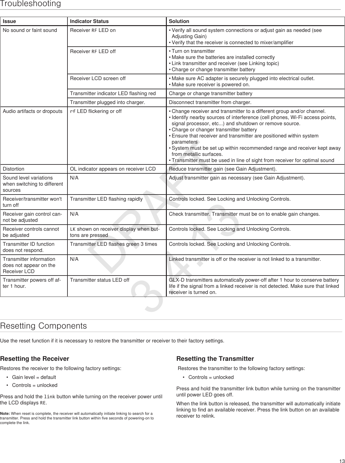 13TroubleshootingIssue Indicator Status SolutionNo sound or faint sound Receiver RF LED on • Verify all sound system connections or adjust gain as needed (see Adjusting Gain)• Verify that the receiver is connected to mixer/amplifierReceiver RF LED off • Turn on transmitter• Make sure the batteries are installed correctly• Link transmitter and receiver (see Linking topic)• Charge or change transmitter batteryReceiver LCD screen off • Make sure AC adapter is securely plugged into electrical outlet.• Make sure receiver is powered on.Transmitter indicator LED flashing red Charge or change transmitter batteryTransmitter plugged into charger. Disconnect transmitter from charger.Audio artifacts or dropouts rf LED flickering or off • Change receiver and transmitter to a different group and/or channel.• Identify nearby sources of interference (cell phones, Wi-Fi access points, signal processor, etc...) and shutdown or remove source.• Charge or changer transmitter battery• Ensure that receiver and transmitter are positioned within system parameters• System must be set up within recommended range and receiver kept away from metallic surfaces.  • Transmitter must be used in line of sight from receiver for optimal soundDistortion OL indicator appears on receiver LCD   Reduce transmitter gain (see Gain Adjustment).Sound level variations when switching to different sourcesN/A Adjust transmitter gain as necessary (see Gain Adjustment).Receiver/transmitter won&apos;t turn offTransmitter LED flashing rapidly Controls locked. See Locking and Unlocking Controls.Receiver gain control can-not be adjustedN/A Check transmitter. Transmitter must be on to enable gain changes.Receiver controls cannot be adjustedLK shown on receiver display when but-tons are pressedControls locked. See Locking and Unlocking Controls.Transmitter ID function does not respond.Transmitter LED flashes green 3 times Controls locked. See Locking and Unlocking Controls.Transmitter information does not appear on the Receiver LCDN/A Linked transmitter is off or the receiver is not linked to a transmitter.Transmitter powers off af-ter 1 hour.Transmitter status LED off GLX-D transmitters automatically power-off after 1 hour to conserve battery life if the signal from a linked receiver is not detected. Make sure that linked receiver is turned on.Resetting ComponentsResetting the ReceiverRestores the receiver to the following factory settings:•  Gain level = default•  Controls = unlockedPress and hold the link button while turning on the receiver power until the LCD displays RE. Note: When reset is complete, the receiver will automatically initiate linking to search for a transmitter. Press and hold the transmitter link button within five seconds of powering-on to complete the link.Resetting the Transmitter Restores the transmitter to the following factory settings:•  Controls = unlockedPress and hold the transmitter link button while turning on the transmitter until power LED goes off.When the link button is released, the transmitter will automatically initiate linking to find an available receiver. Press the link button on an available receiver to relink.Use the reset function if it is necessary to restore the transmitter or receiver to their factory settings.DRAFT 3.4.13