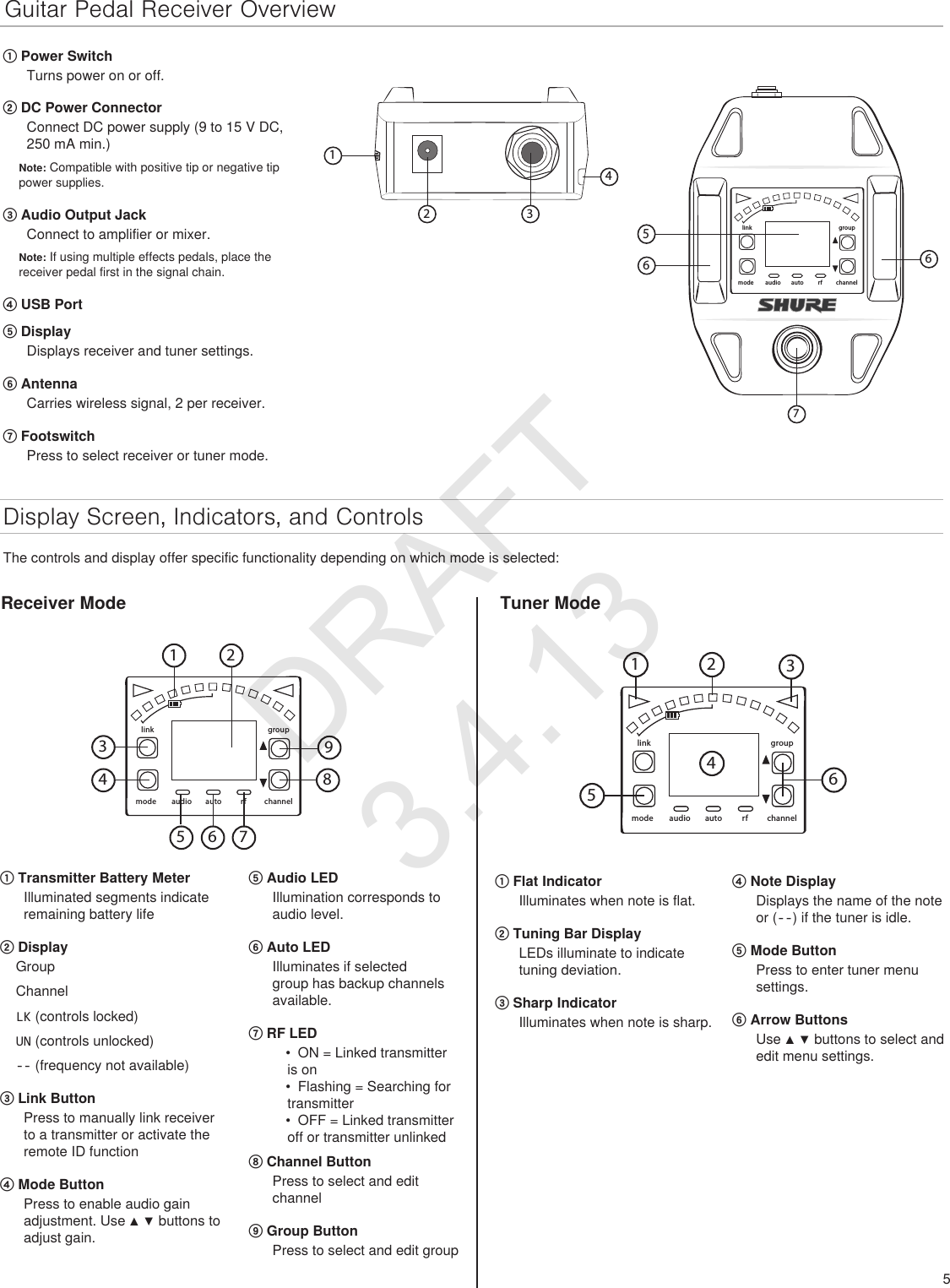 5Guitar Pedal Receiver OverviewDisplay Screen, Indicators, and ControlsThe controls and display offer specific functionality depending on which mode is selected:① Power SwitchTurns power on or off.② DC Power ConnectorConnect DC power supply (9 to 15 V DC, 250 mA min.)Note: Compatible with positive tip or negative tip power supplies.③ Audio Output JackConnect to amplifier or mixer.Note: If using multiple effects pedals, place the receiver pedal first in the signal chain. ④ USB Port⑤ DisplayDisplays receiver and tuner settings.⑥ AntennaCarries wireless signal, 2 per receiver.⑦ FootswitchPress to select receiver or tuner mode.Tuner Mode 2 3146linkmode autoaudio rf channelgroup675rf channelgroupautolinkmode audio134562789rf channelgroupautolinkmode audio156234① Transmitter Battery MeterIlluminated segments indicate remaining battery life② DisplayGroupChannelLK (controls locked)UN (controls unlocked)-- (frequency not available)③ Link ButtonPress to manually link receiver to a transmitter or activate the remote ID function④ Mode Button Press to enable audio gain adjustment. Use ▲ ▼ buttons to adjust gain.⑤ Audio LED Illumination corresponds to audio level.⑥ Auto LEDIlluminates if selected group has backup channels available.⑦ RF LED•  ON = Linked transmitter is on•  Flashing = Searching for transmitter•  OFF = Linked transmitter off or transmitter unlinked⑧ Channel ButtonPress to select and edit channel⑨ Group ButtonPress to select and edit group① Flat IndicatorIlluminates when note is flat.② Tuning Bar DisplayLEDs illuminate to indicate tuning deviation.③ Sharp IndicatorIlluminates when note is sharp.④ Note Display Displays the name of the note or (--) if the tuner is idle.⑤ Mode ButtonPress to enter tuner menu settings.⑥ Arrow ButtonsUse ▲ ▼ buttons to select and edit menu settings.Receiver ModeDRAFT 3.4.13