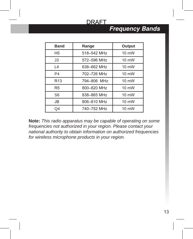 13Frequency BandsBand Range OutputH5 518–542 MHz 10 mWJ3 572–596 MHz 10 mWL4 638–662 MHz 10 mWP4 702–726 MHz 10 mWR13 794–806  MHz 10 mWR5 800–820 MHz 10 mWS6 838–865 MHz 10 mWJB 806–810 MHz 10 mWQ4 740–752 MHz 10 mWNote: This radio apparatus may be capable of operating on some frequencies not authorized in your region. Please contact your national authority to obtain information on authorized frequencies for wireless microphone products in your region.DRAFT