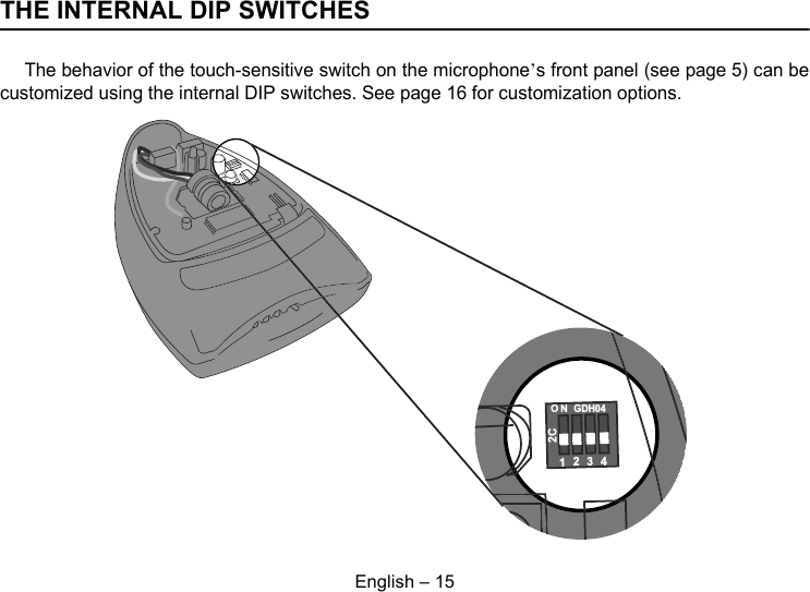 English – 15THE INTERNAL DIP SWITCHESThe behavior of the touch-sensitive switch on the microphone’s front panel (see page 5) can becustomized using the internal DIP switches. See page 16 for customization options.21 *&apos;+&amp;