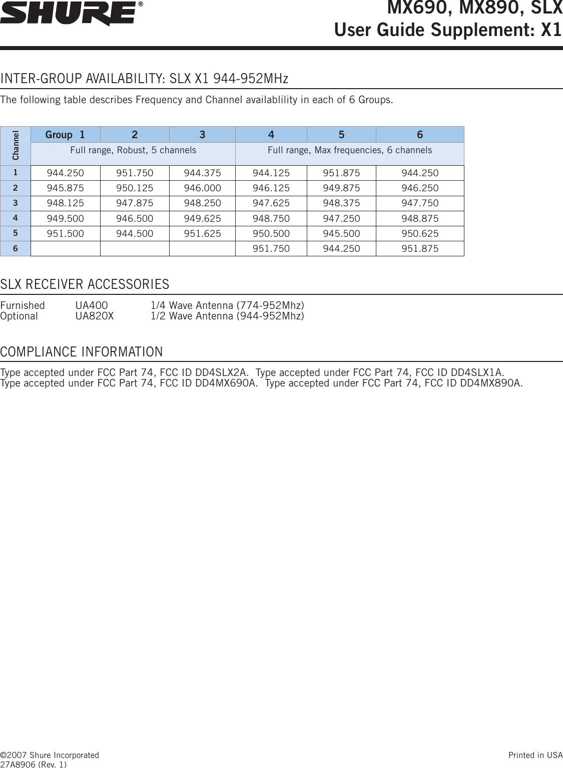 ©2007 Shure Incorporated  Printed in USA27A8906 (Rev. 1)MX690, MX890, SLX User Guide Supplement: X1INTER-GROUP AVAILABILITY: SLX X1 944-952MHzThe following table describes Frequency and Channel availablility in each of 6 Groups.ChannelGroup  1 2 3 4 5 6Full range, Robust, 5 channels Full range, Max frequencies, 6 channels1944.250 951.750 944.375 944.125 951.875  944.250 2945.875 950.125 946.000 946.125 949.875  946.250 3948.125 947.875 948.250 947.625 948.375  947.750 4949.500 946.500 949.625 948.750 947.250  948.875 5951.500 944.500 951.625 950.500 945.500  950.625 6951.750 944.250  951.875 SLX RECEIVER ACCESSORIESFurnished  UA400    1/4 Wave Antenna (774-952Mhz)  Optional  UA820X  1/2 Wave Antenna (944-952Mhz)COMPLIANCE INFORMATIONType accepted under FCC Part 74, FCC ID DD4SLX2A.  Type accepted under FCC Part 74, FCC ID DD4SLX1A. Type accepted under FCC Part 74, FCC ID DD4MX690A.  Type accepted under FCC Part 74, FCC ID DD4MX890A. 