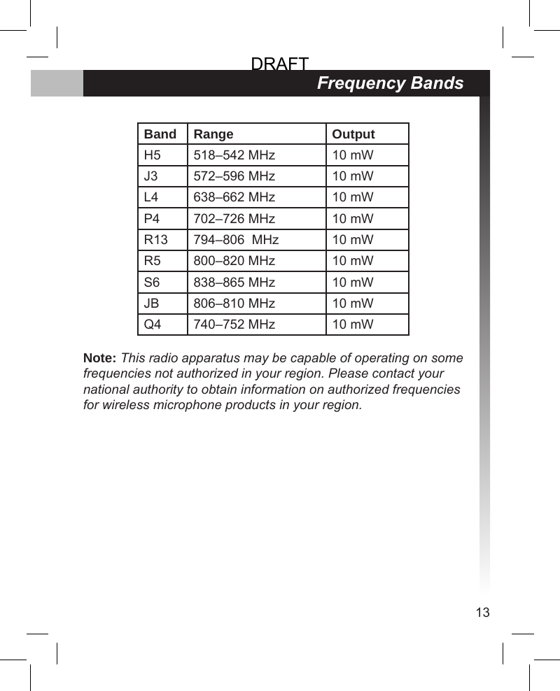 13Frequency BandsBand Range OutputH5 518–542 MHz 10 mWJ3 572–596 MHz 10 mWL4 638–662 MHz 10 mWP4 702–726 MHz 10 mWR13 794–806  MHz 10 mWR5 800–820 MHz 10 mWS6 838–865 MHz 10 mWJB 806–810 MHz 10 mWQ4 740–752 MHz 10 mWNote: This radio apparatus may be capable of operating on some frequencies not authorized in your region. Please contact your national authority to obtain information on authorized frequencies for wireless microphone products in your region.DRAFT