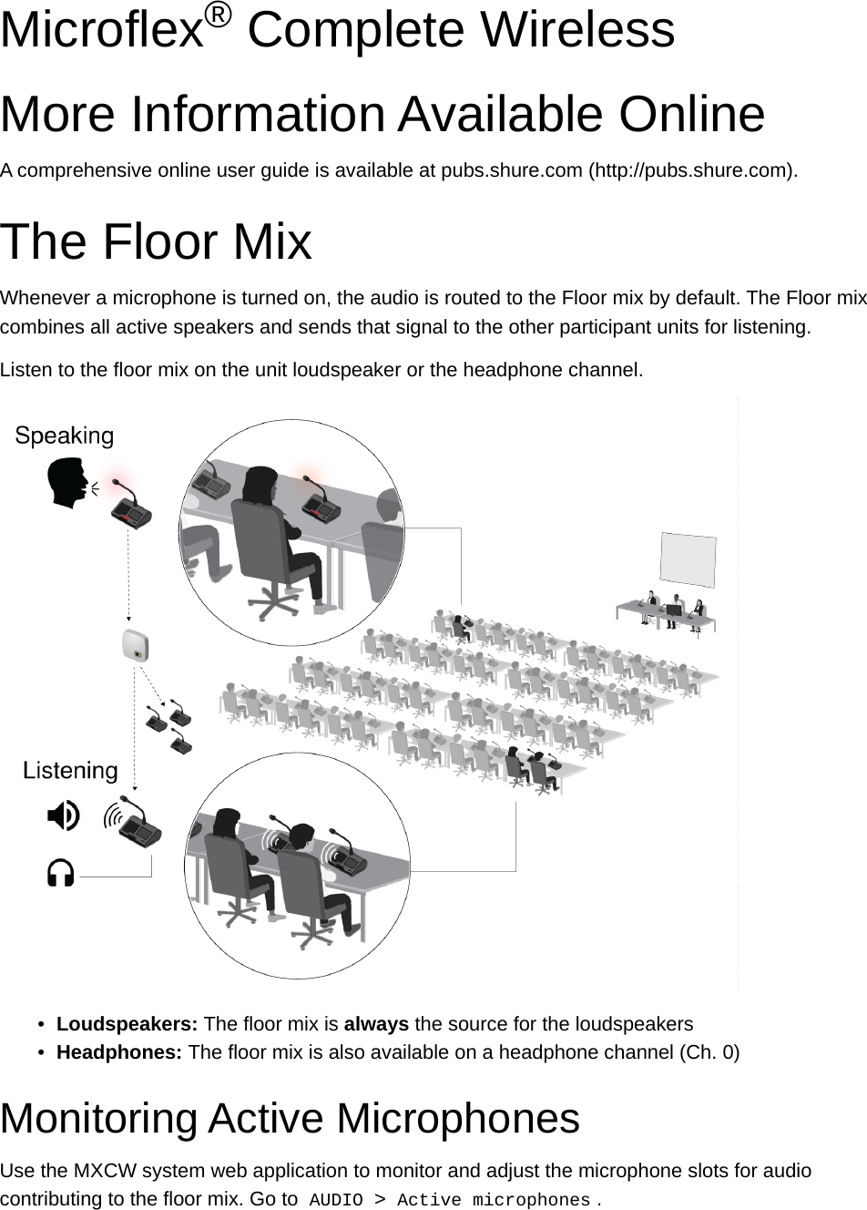 Microflex  Complete WirelessMore Information Available OnlineA comprehensive online user guide is available at pubs.shure.com (http://pubs.shure.com).The Floor MixWhenever a microphone is turned on, the audio is routed to the Floor mix by default. The Floor mix combines all active speakers and sends that signal to the other participant units for listening.Listen to the floor mix on the unit loudspeaker or the headphone channel.•Loudspeakers: The floor mix is always the source for the loudspeakers•Headphones: The floor mix is also available on a headphone channel (Ch. 0)Monitoring Active MicrophonesUse the MXCW system web application to monitor and adjust the microphone slots for audio contributing to the floor mix. Go to  AUDIO  &gt;  Active microphones .®