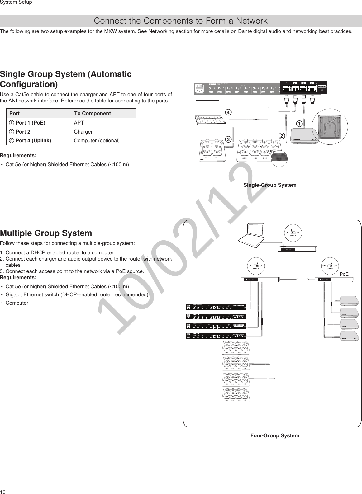 10System SetupConnect the Components to Form a NetworkThe following are two setup examples for the MXW system. See Networking section for more details on Dante digital audio and networking best practices.Single Group System (Automatic Configuration)Use a Cat5e cable to connect the charger and APT to one of four ports of the ANI network interface. Reference the table for connecting to the ports:Port To Component① Port 1 (PoE) APT② Port 2 Charger④ Port 4 (Uplink) Computer (optional)Requirements: • Cat5e(orhigher)ShieldedEthernetCables(≤100m)++++++++ ++www.shure.comMXWANI8M XW AN I8uplin kInput:  100-240V ~ 1A max. 50/60 Hz234Class 0 Po E1++++++++ ++www.shure.comMXWANI8M XW AN I8uplin kInput:  100-240V ~ 1A max. 50/60 Hz234Class 0 Po E1uplin k234Class 0 Po E1Class 0 Po E1②①②③①786512347865123415V 0.6Apower④③LinkPowerSingle-Group SystemMultiple Group SystemFollow these steps for connecting a multiple-group system:1. Connect a DHCP enabled router to a computer.2. Connect each charger and audio output device to the router with network cables3. Connect each access point to the network via a PoE source.Requirements: • Cat5e(orhigher)ShieldedEthernetCables(≤100m)• Gigabit Ethernet switch (DHCP-enabled router recommended)• ComputerFour-Group System++++++++ ++www.shure.comMXWANI8M XW AN I8uplinkInput:  100-240V ~ 1A max. 50/60 Hz234Class 0 Po E1++++++++ ++www.shure.comMXWANI8M XW AN I8uplinkInput:  100-240V ~ 1A max. 50/60 Hz234Class 0 Po E1++++++++ ++www.shure.comMXWANI8M XW AN I8uplinkInput:  100-240V ~ 1A max. 50/60 Hz234Class 0 Po E1++++++++ ++www.shure.comMXWANI8M XW AN I8uplinkInput:  100-240V ~ 1A max. 50/60 Hz234Class 0 Po E178651234786512347865123478651234ON OFFDHCPON OFFDHCPON OFFDHCPPoE10/02/12