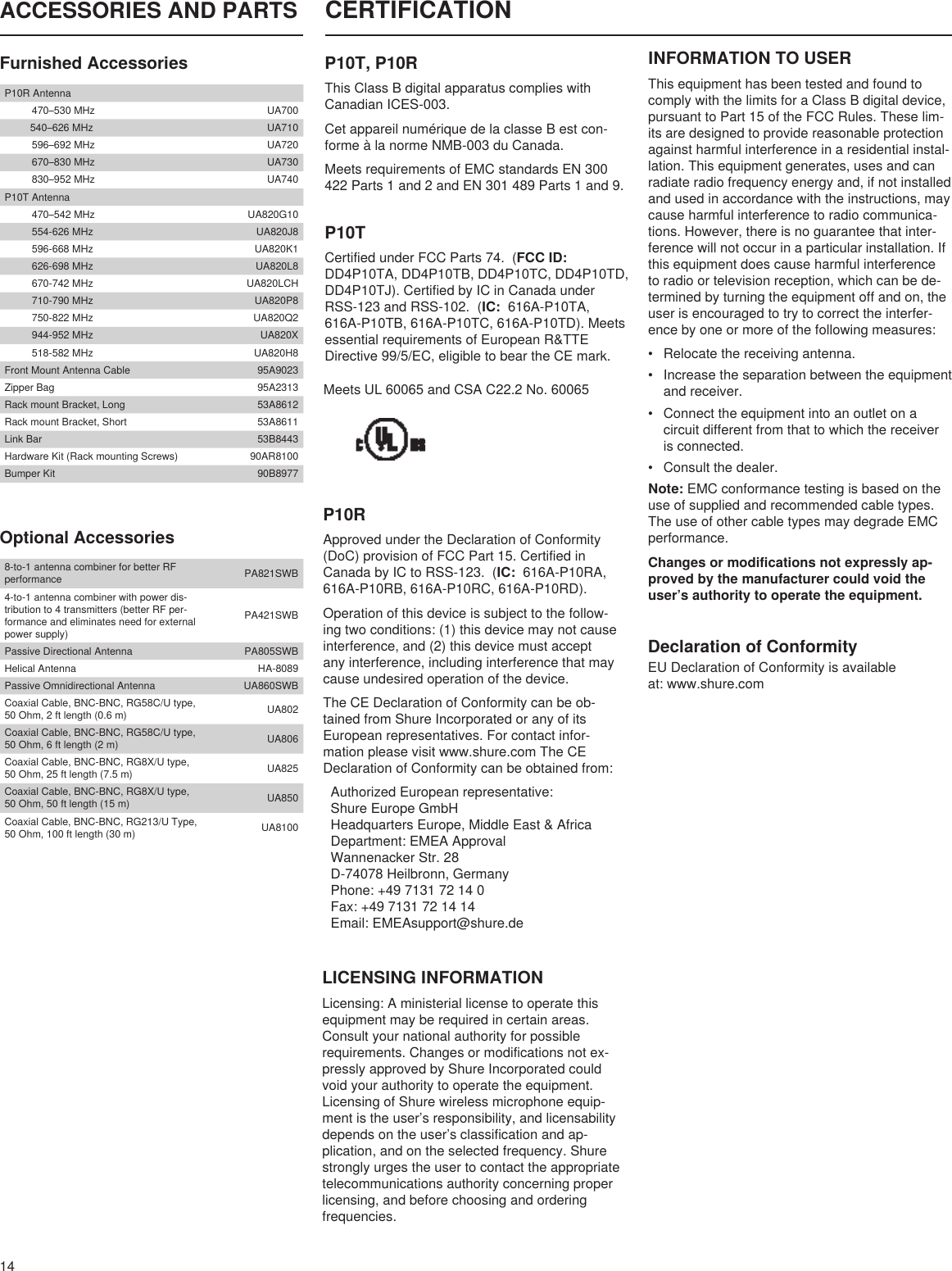 14ACCESSORIES AND PARTS CERTIFICATION P10T, P10RThis Class B digital apparatus complies with Canadian ICES-003. Cet appareil numérique de la classe B est con-forme à la norme NMB-003 du Canada. Meets requirements of EMC standards EN 300 422 Parts 1 and 2 and EN 301 489 Parts 1 and 9. P10TCertified under FCC Parts 74.  (FCC ID:   DD4P10TA, DD4P10TB, DD4P10TC, DD4P10TD, DD4P10TJ). Certified by IC in Canada under RSS-123 and RSS-102.  (IC:  616A-P10TA, 616A-P10TB, 616A-P10TC, 616A-P10TD). Meets essential requirements of European R&amp;TTE Directive 99/5/EC, eligible to bear the CE mark. P10RApproved under the Declaration of Conformity (DoC) provision of FCC Part 15. Certified in Canada by IC to RSS-123.  (IC:  616A-P10RA, 616A-P10RB, 616A-P10RC, 616A-P10RD). Operation of this device is subject to the follow-ing two conditions: (1) this device may not cause interference, and (2) this device must accept any interference, including interference that may cause undesired operation of the device. The CE Declaration of Conformity can be ob-tained from Shure Incorporated or any of its European representatives. For contact infor-mation please visit www.shure.com The CE Declaration of Conformity can be obtained from:Authorized European representative:Shure Europe GmbHHeadquarters Europe, Middle East &amp; AfricaDepartment: EMEA ApprovalWannenacker Str. 28D-74078 Heilbronn, GermanyPhone: +49 7131 72 14 0Fax: +49 7131 72 14 14Email: EMEAsupport@shure.deLICENSING INFORMATIONLicensing: A ministerial license to operate this equipment may be required in certain areas. Consult your national authority for possible requirements. Changes or modifications not ex-pressly approved by Shure Incorporated could void your authority to operate the equipment. Licensing of Shure wireless microphone equip-ment is the user’s responsibility, and licensability depends on the user’s classification and ap-plication, and on the selected frequency. Shure strongly urges the user to contact the appropriate telecommunications authority concerning proper licensing, and before choosing and ordering frequencies. INFORMATION TO USERThis equipment has been tested and found to comply with the limits for a Class B digital device, pursuant to Part 15 of the FCC Rules. These lim-its are designed to provide reasonable protection against harmful interference in a residential instal-lation. This equipment generates, uses and can radiate radio frequency energy and, if not installed and used in accordance with the instructions, may cause harmful interference to radio communica-tions. However, there is no guarantee that inter-ference will not occur in a particular installation. If this equipment does cause harmful interference to radio or television reception, which can be de-termined by turning the equipment off and on, the user is encouraged to try to correct the interfer-ence by one or more of the following measures: • Relocate the receiving antenna. • Increase the separation between the equipment and receiver. • Connect the equipment into an outlet on a circuit different from that to which the receiver is connected. • Consult the dealer. Note: EMC conformance testing is based on the use of supplied and recommended cable types.  The use of other cable types may degrade EMC performance. Changes or modifications not expressly ap-proved by the manufacturer could void the user’s authority to operate the equipment. Meets UL 60065 and CSA C22.2 No. 60065EU Declaration of Conformity is available at: www.shure.comDeclaration of ConformityFurnished AccessoriesP10R Antenna 470–530 MHz UA700540–626 MHz UA710 596–692 MHz UA720 670–830 MHz UA730 830–952 MHz UA740P10T Antenna 470–542 MHz UA820G10 554-626 MHz UA820J8 596-668 MHz UA820K1 626-698 MHz UA820L8 670-742 MHz UA820LCH 710-790 MHz UA820P8 750-822 MHz UA820Q2 944-952 MHz UA820X 518-582 MHz UA820H8Front Mount Antenna Cable 95A9023Zipper Bag 95A2313Rack mount Bracket, Long 53A8612Rack mount Bracket, Short 53A8611Link Bar 53B8443Hardware Kit (Rack mounting Screws) 90AR8100Bumper Kit 90B8977Optional Accessories8-to-1 antenna combiner for better RF performance PA821SWB4-to-1 antenna combiner with power dis-tribution to 4 transmitters (better RF per-formance and eliminates need for external power supply)PA421SWBPassive Directional Antenna PA805SWBHelical Antenna HA-8089Passive Omnidirectional Antenna UA860SWBCoaxial Cable, BNC-BNC, RG58C/U type, 50 Ohm, 2 ft length (0.6 m) UA802Coaxial Cable, BNC-BNC, RG58C/U type, 50 Ohm, 6 ft length (2 m) UA806Coaxial Cable, BNC-BNC, RG8X/U type, 50 Ohm, 25 ft length (7.5 m) UA825Coaxial Cable, BNC-BNC, RG8X/U type, 50 Ohm, 50 ft length (15 m) UA850Coaxial Cable, BNC-BNC, RG213/U Type, 50 Ohm, 100 ft length (30 m) UA8100