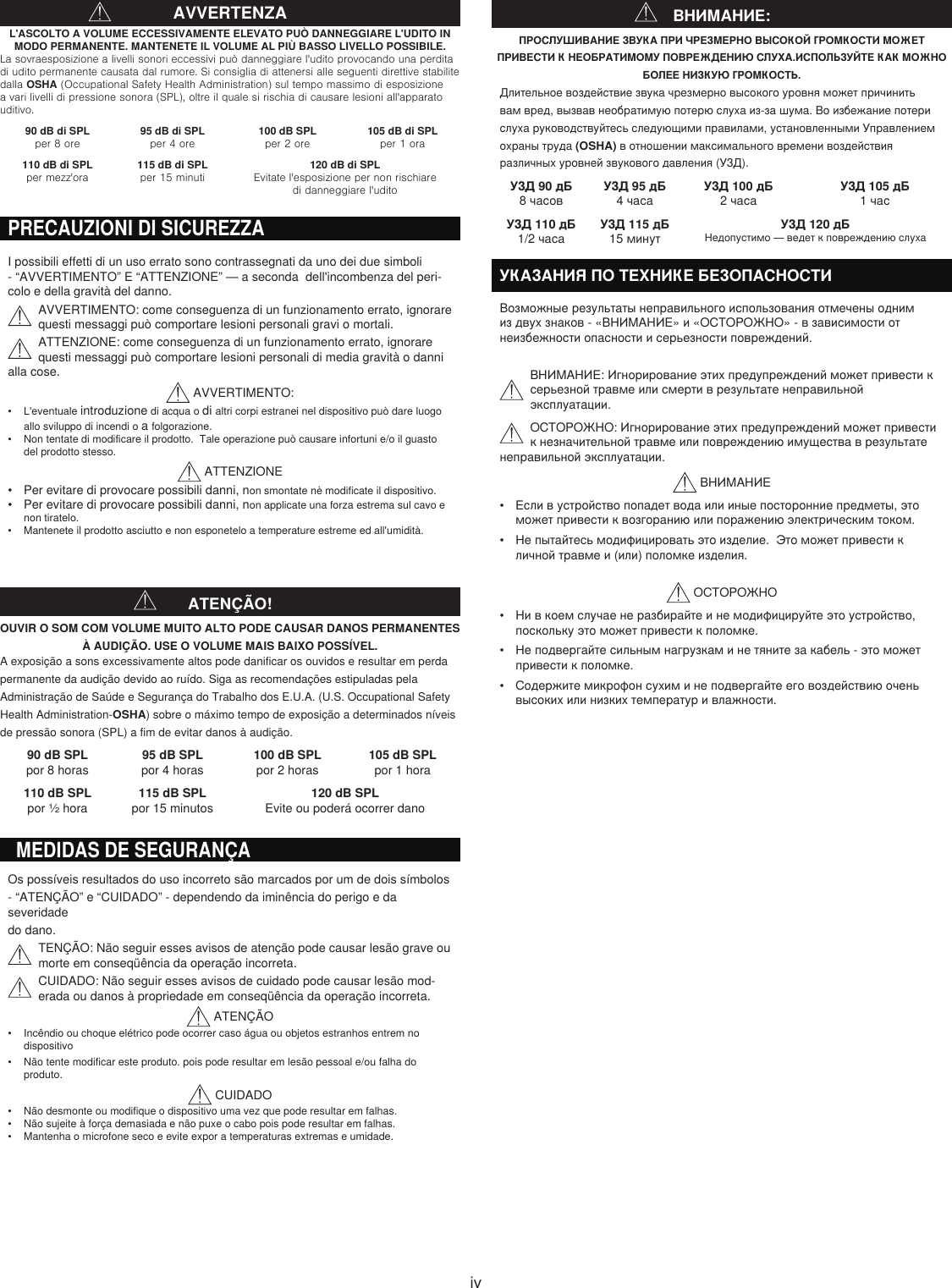 ivAVVERTENZAL&apos;ASCOLTO A VOLUME ECCESSIVAMENTE ELEVATO PUÒ DANNEGGIARE L&apos;UDITO IN MODO PERMANENTE. MANTENETE IL VOLUME AL PIÙ BASSO LIVELLO POSSIBILE.La sovraesposizione a livelli sonori eccessivi può danneggiare l&apos;udito provocando una perdita di udito permanente causata dal rumore. Si consiglia di attenersi alle seguenti direttive stabilite dalla OSHA (Occupational Safety Health Administration) sul tempo massimo di esposizione a vari livelli di pressione sonora (SPL), oltre il quale si rischia di causare lesioni all&apos;apparato uditivo.90 dB di SPL per 8 ore95 dB di SPL per 4 ore100 dB SPL per 2 ore105 dB di SPL per 1 ora110 dB di SPL per mezz&apos;ora115 dB di SPL per 15 minuti120 dB di SPLEvitate l&apos;esposizione per non rischiare  di danneggiare l&apos;uditoOUVIR O SOM COM VOLUME MUITO ALTO PODE CAUSAR DANOS PERMANENTES À AUDIÇÃO. USE O VOLUME MAIS BAIXO POSSÍVEL.ATENÇÃO!A exposição a sons excessivamente altos pode danificar os ouvidos e resultar em perda permanente da audição devido ao ruído. Siga as recomendações estipuladas pela Administração de Saúde e Segurança do Trabalho dos E.U.A. (U.S. Occupational Safety Health Administration-OSHA) sobre o máximo tempo de exposição a determinados níveis de pressão sonora (SPL) a fim de evitar danos à audição. 90 dB SPL por 8 horas95 dB SPL por 4 horas100 dB SPL por 2 horas105 dB SPL  por 1 hora110 dB SPL  por ½ hora115 dB SPL  por 15 minutos120 dB SPLEvite ou poderá ocorrer dano ПРОСЛУШИВАНИЕ ЗВУКА ПРИ ЧРЕЗМЕРНО ВЫСОКОЙ ГРОМКОСТИ МОЖЕТ ПРИВЕСТИ К НЕОБРАТИМОМУ ПОВРЕЖДЕНИЮ СЛУХА.ИСПОЛЬЗУЙТЕ КАК МОЖНО БОЛЕЕ НИЗКУЮ ГРОМКОСТЬ.Длительноевоздействиезвукачрезмерновысокогоуровняможетпричинитьвамвред,вызвавнеобратимуюпотерюслухаиз-зашума.Воизбежаниепотерислухаруководствуйтесьследующимиправилами,установленнымиУправлениемохранытруда(OSHA)вотношениимаксимальноговременивоздействияразличныхуровнейзвуковогодавления(УЗД).УЗД 90 дБ 8часовУЗД 95 дБ  4часаУЗД 100 дБ 2часаУЗД 105 дБ 1часУЗД 110 дБ 1/2часаУЗД 115 дБ 15минутУЗД 120 дБНедопустимо—ведеткповреждениюслухаВНИМАНИЕ:PRECAUZIONI DI SICUREZZAI possibili effetti di un uso errato sono contrassegnati da uno dei due simboli -“AVVERTIMENTO”E“ATTENZIONE”—asecondadell&apos;incombenzadelperi-colo e della gravità del danno.AVVERTIMENTO: come conseguenza di un funzionamento errato, ignorare questi messaggi può comportare lesioni personali gravi o mortali.ATTENZIONE: come conseguenza di un funzionamento errato, ignorare questi messaggi può comportare lesioni personali di media gravità o danni alla cose. AVVERTIMENTO:• L&apos;eventuale introduzione di acqua o di altri corpi estranei nel dispositivo può dare luogo allo sviluppo di incendi o a folgorazione.• Non tentate di modificare il prodotto.  Tale operazione può causare infortuni e/o il guasto del prodotto stesso. ATTENZIONE• Per evitare di provocare possibili danni, non smontate nè modificate il dispositivo. • Per evitare di provocare possibili danni, non applicate una forza estrema sul cavo e non tiratelo.• Mantenete il prodotto asciutto e non esponetelo a temperature estreme ed all&apos;umidità.MEDIDAS DE SEGURANÇAOs possíveis resultados do uso incorreto são marcados por um de dois símbolos- “ATENÇÃO” e “CUIDADO” - dependendo da iminência do perigo e da severidadedo dano.TENÇÃO: Não seguir esses avisos de atenção pode causar lesão grave ou morte em conseqüência da operação incorreta.CUIDADO: Não seguir esses avisos de cuidado pode causar lesão mod-erada ou danos à propriedade em conseqüência da operação incorreta. ATENÇÃO• Incêndio ou choque elétrico pode ocorrer caso água ou objetos estranhos entrem no dispositivo• Não tente modificar este produto. pois pode resultar em lesão pessoal e/ou falha do produto. CUIDADO• Não desmonte ou modifique o dispositivo uma vez que pode resultar em falhas.• Não sujeite à força demasiada e não puxe o cabo pois pode resultar em falhas.• Mantenha o microfone seco e evite expor a temperaturas extremas e umidade.УКАЗАНИЯ ПО ТЕХНИКЕ БЕЗОПАСНОСТИВозможныерезультатынеправильногоиспользованияотмеченыоднимиздвухзнаков-«ВНИМАНИЕ»и«ОСТОРОЖНО»-взависимостиотнеизбежностиопасностиисерьезностиповреждений. ВНИМАНИЕ:Игнорированиеэтихпредупрежденийможетпривестиксерьезнойтравмеилисмертиврезультатенеправильнойэксплуатации.ОСТОРОЖНО:Игнорированиеэтихпредупрежденийможетпривестикнезначительнойтравмеилиповреждениюимуществаврезультатенеправильнойэксплуатации.ВНИМАНИЕ• Есливустройствопопадетводаилииныепосторонниепредметы,этоможетпривестиквозгораниюилипоражениюэлектрическимтоком.• Непытайтесьмодифицироватьэтоизделие.Этоможетпривестикличнойтравмеи(или)поломкеизделия. ОСТОРОЖНО• Нивкоемслучаенеразбирайтеинемодифицируйтеэтоустройство,посколькуэтоможетпривестикполомке.• Неподвергайтесильнымнагрузкаминетянитезакабель-этоможетпривестикполомке.• Содержитемикрофонсухиминеподвергайтееговоздействиюоченьвысокихилинизкихтемпературивлажности.