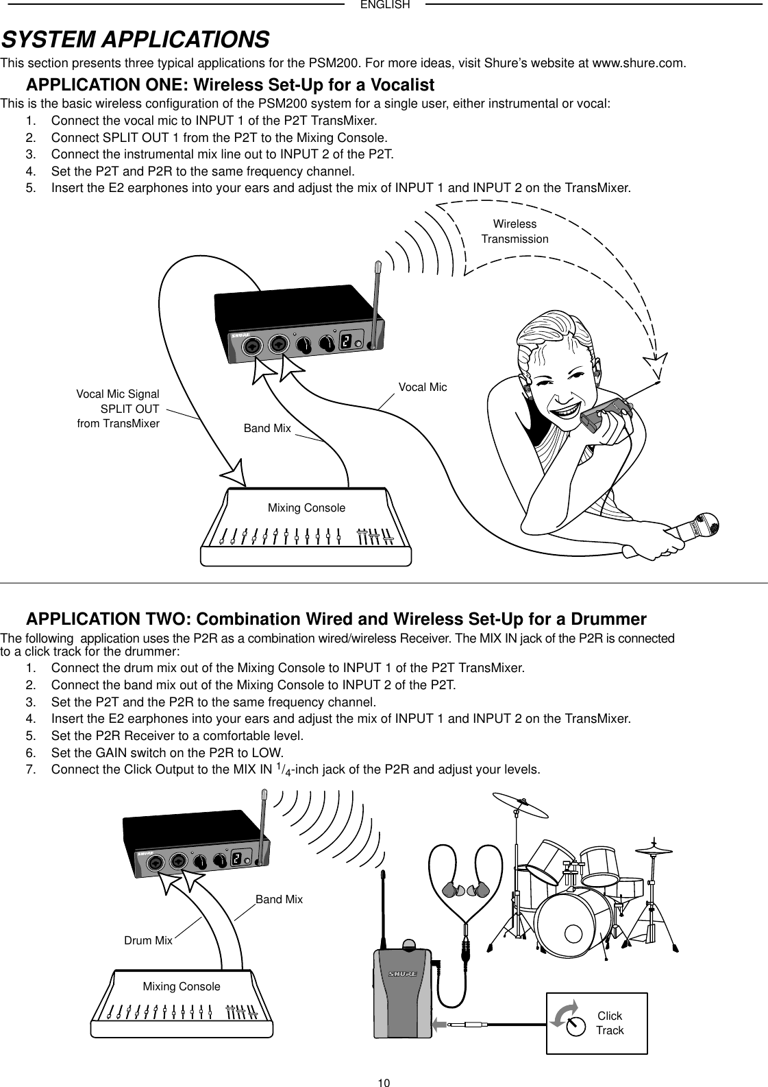 ENGLISH10SYSTEM APPLICATIONSThis section presents three typical applications for the PSM200. For more ideas, visit Shure’s website at www.shure.com.APPLICATION ONE: Wireless Set-Up for a VocalistThis is the basic wireless configuration of the PSM200 system for a single user, either instrumental or vocal:1. Connect the vocal mic to INPUT 1 of the P2T TransMixer.2. Connect SPLIT OUT 1 from the P2T to the Mixing Console.3. Connect the instrumental mix line out to INPUT 2 of the P2T.4. Set the P2T and P2R to the same frequency channel.5. Insert the E2 earphones into your ears and adjust the mix of INPUT 1 and INPUT 2 on the TransMixer.WirelessTransmissionVocal Mic SignalSPLIT OUTfrom TransMixer Band MixVocal MicMixing ConsoleAPPLICATION TWO: Combination Wired and Wireless Set-Up for a DrummerThe following  application uses the P2R as a combination wired/wireless Receiver. The MIX IN jack of the P2R is connectedto a click track for the drummer:1. Connect the drum mix out of the Mixing Console to INPUT 1 of the P2T TransMixer.2. Connect the band mix out of the Mixing Console to INPUT 2 of the P2T.3. Set the P2T and the P2R to the same frequency channel.4. Insert the E2 earphones into your ears and adjust the mix of INPUT 1 and INPUT 2 on the TransMixer.5. Set the P2R Receiver to a comfortable level.6. Set the GAIN switch on the P2R to LOW.7. Connect the Click Output to the MIX IN 1/4-inch jack of the P2R and adjust your levels.Mixing ConsoleClickTrackDrum MixBand Mix