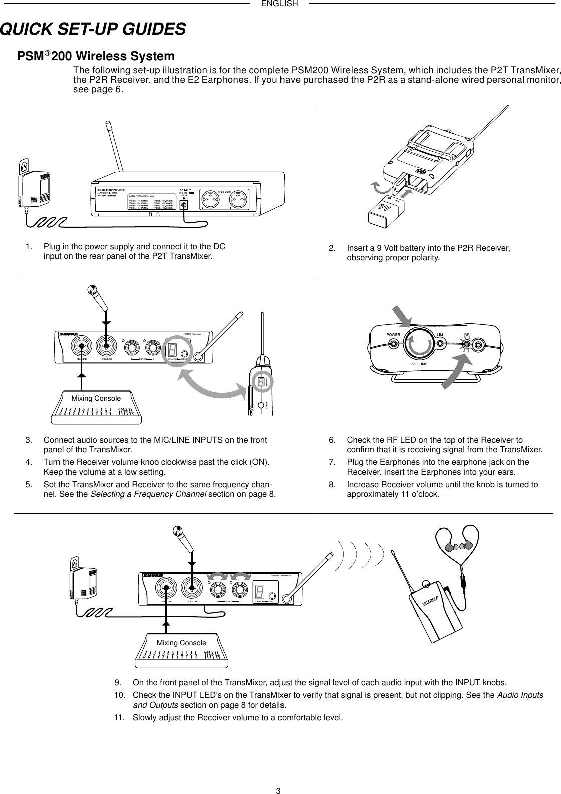 ENGLISH3QUICK SET-UP GUIDESPSMR200 Wireless SystemThe following set-up illustration is for the complete PSM200 Wireless System, which includes the P2T TransMixer,the P2R Receiver, and the E2 Earphones. If you have purchased the P2R as a stand-alone wired personal monitor,see page 6.CHANNEL SELECTPSM200 TransMixerMIC/LINE1 MIC/LINE2 1INPUTS 21. Plug in the power supply and connect it to the DCinput on the rear panel of the P2T TransMixer. 2. Insert a 9 Volt battery into the P2R Receiver, observing proper polarity.3. Connect audio sources to the MIC/LINE INPUTS on the frontpanel of the TransMixer.4. Turn the Receiver volume knob clockwise past the click (ON).Keep the volume at a low setting.5. Set the TransMixer and Receiver to the same frequency chan-nel. See the Selecting a Frequency Channel section on page 8.6. Check the RF LED on the top of the Receiver to confirm that it is receiving signal from the TransMixer.7. Plug the Earphones into the earphone jack on the Receiver. Insert the Earphones into your ears.8. Increase Receiver volume until the knob is turned toapproximately 11 o’clock.9. On the front panel of the TransMixer, adjust the signal level of each audio input with the INPUT knobs.10. Check the INPUT LED’s on the TransMixer to verify that signal is present, but not clipping. See the Audio Inputsand Outputs section on page 8 for details.11. Slowly adjust the Receiver volume to a comfortable level.CHANNEL SELECTPSM200 TransMixerMIC/LINE1 MIC/LINE2 1 INPUTS 2Mixing ConsoleMixing Console