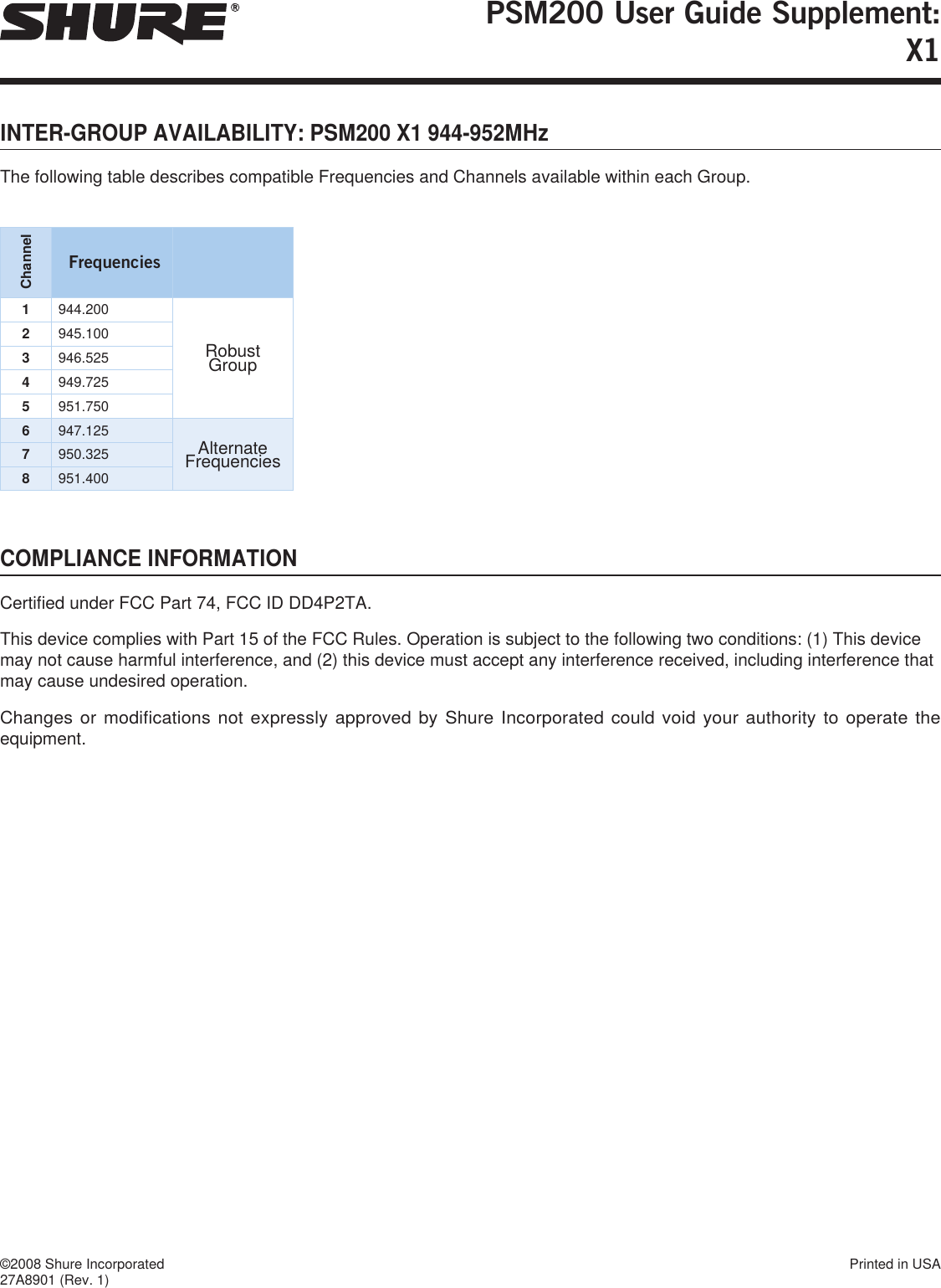 ©2008 Shure Incorporated  Printed in USA27A8901 (Rev. 1)PSM200 User Guide Supplement: X1INTER-GROUP AVAILABILITY: PSM200 X1 944-952MHzThe following table describes compatible Frequencies and Channels available within each Group.Channel Frequencies1944.200 Robust Group2945.100 3946.525 4949.725 5951.750 6947.125 Alternate  Frequencies7950.325 8951.400 COMPLIANCE INFORMATIONCertified under FCC Part 74, FCC ID DD4P2TA. This device complies with Part 15 of the FCC Rules. Operation is subject to the following two conditions: (1) This device may not cause harmful interference, and (2) this device must accept any interference received, including interference that may cause undesired operation.Changes or modifications not expressly approved by Shure Incorporated could void your authority to operate the equipment.