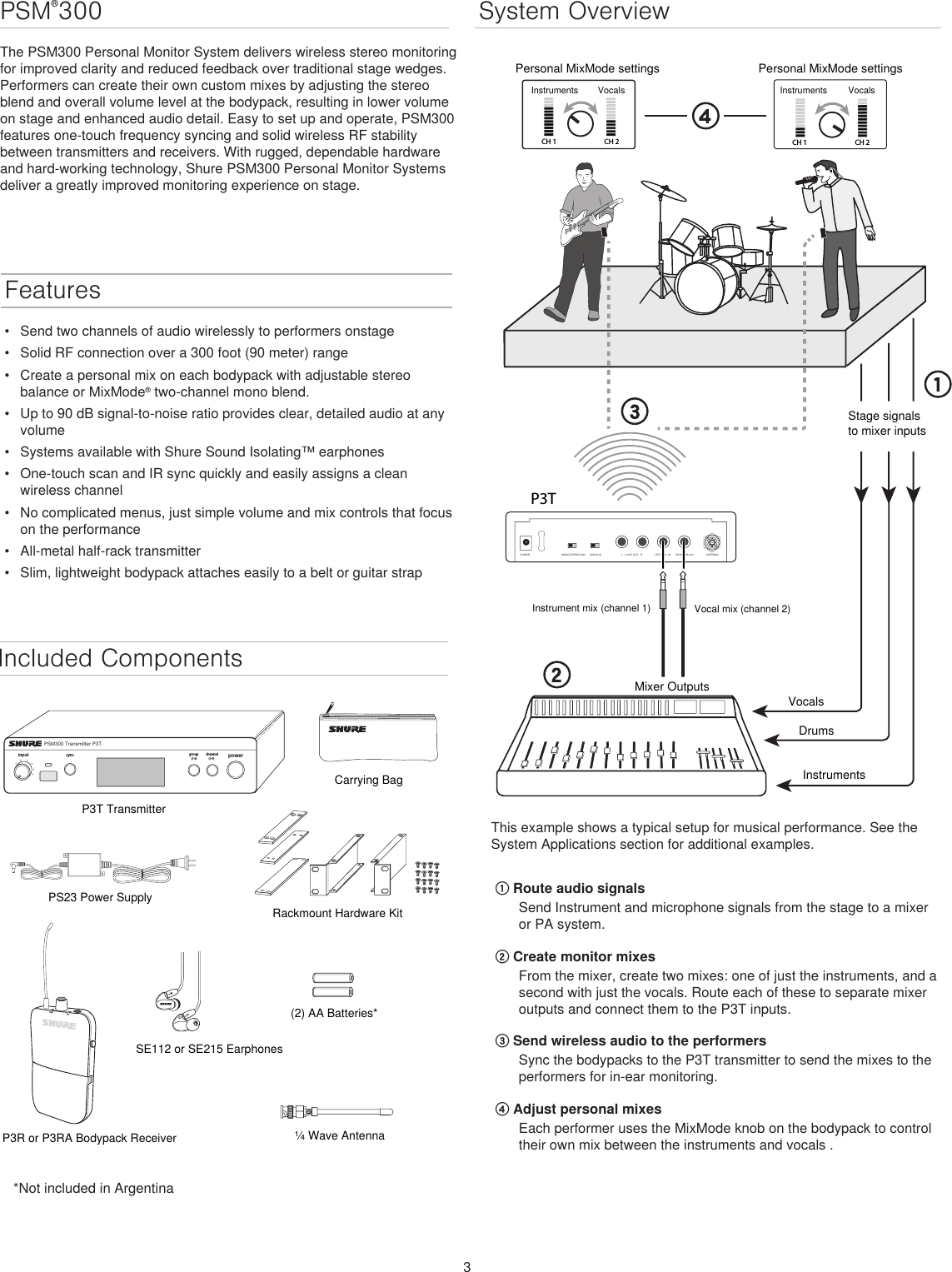 3PSM®300The PSM300 Personal Monitor System delivers wireless stereo monitoring for improved clarity and reduced feedback over traditional stage wedges. Performers can create their own custom mixes by adjusting the stereo blend and overall volume level at the bodypack, resulting in lower volume on stage and enhanced audio detail. Easy to set up and operate, PSM300 features one-touch frequency syncing and solid wireless RF stability between transmitters and receivers. With rugged, dependable hardware and hard-working technology, Shure PSM300 Personal Monitor Systems deliver a greatly improved monitoring experience on stage. Features•  Send two channels of audio wirelessly to performers onstage•  Solid RF connection over a 300 foot (90 meter) range•  Create a personal mix on each bodypack with adjustable stereo balance or MixMode® two-channel mono blend.•  Up to 90 dB signal-to-noise ratio provides clear, detailed audio at any volume•  Systems available with Shure Sound Isolating™ earphones•  One-touch scan and IR sync quickly and easily assigns a clean wireless channel•  No complicated menus, just simple volume and mix controls that focus on the performance•  All-metal half-rack transmitter•  Slim, lightweight bodypack attaches easily to a belt or guitar strapInstrument Mix(Channel 1)Vocal Mix (Channel 2)CH 1 CH 2 CH 1 CH 2P3TMixer Outputs MONO/STEREO-MX LINE/AUX LEFT/CH.1 IN RIGHT/CH.2 INL - LOOP OUT - R ANTENNAPOWERPersonal MixMode settingsPersonal MixMode settingsInstrumentsVocalsInstrumentsVocalsStage signals to mixer inputsInstrument mix (channel 1)Vocal mix (channel 2)Mixer OutputsDrumsVocalsInstrumentsThis example shows a typical setup for musical performance. See the System Applications section for additional examples.① Route audio signalsSend Instrument and microphone signals from the stage to a mixer or PA system.② Create monitor mixesFrom the mixer, create two mixes: one of just the instruments, and a second with just the vocals. Route each of these to separate mixer outputs and connect them to the P3T inputs.③ Send wireless audio to the performersSync the bodypacks to the P3T transmitter to send the mixes to the performers for in-ear monitoring.④ Adjust personal mixesEach performer uses the MixMode knob on the bodypack to control their own mix between the instruments and vocals .System OverviewIncluded Componentspowergroup channelsyncPSM300 Transmitter P3T(1-F)(1-9)inputP3T TransmitterP3R or P3RA Bodypack Receiver¼ Wave AntennaSE112 or SE215 EarphonesRackmount Hardware KitCarrying BagPS23 Power Supply(2) AA Batteries**Not included in Argentina