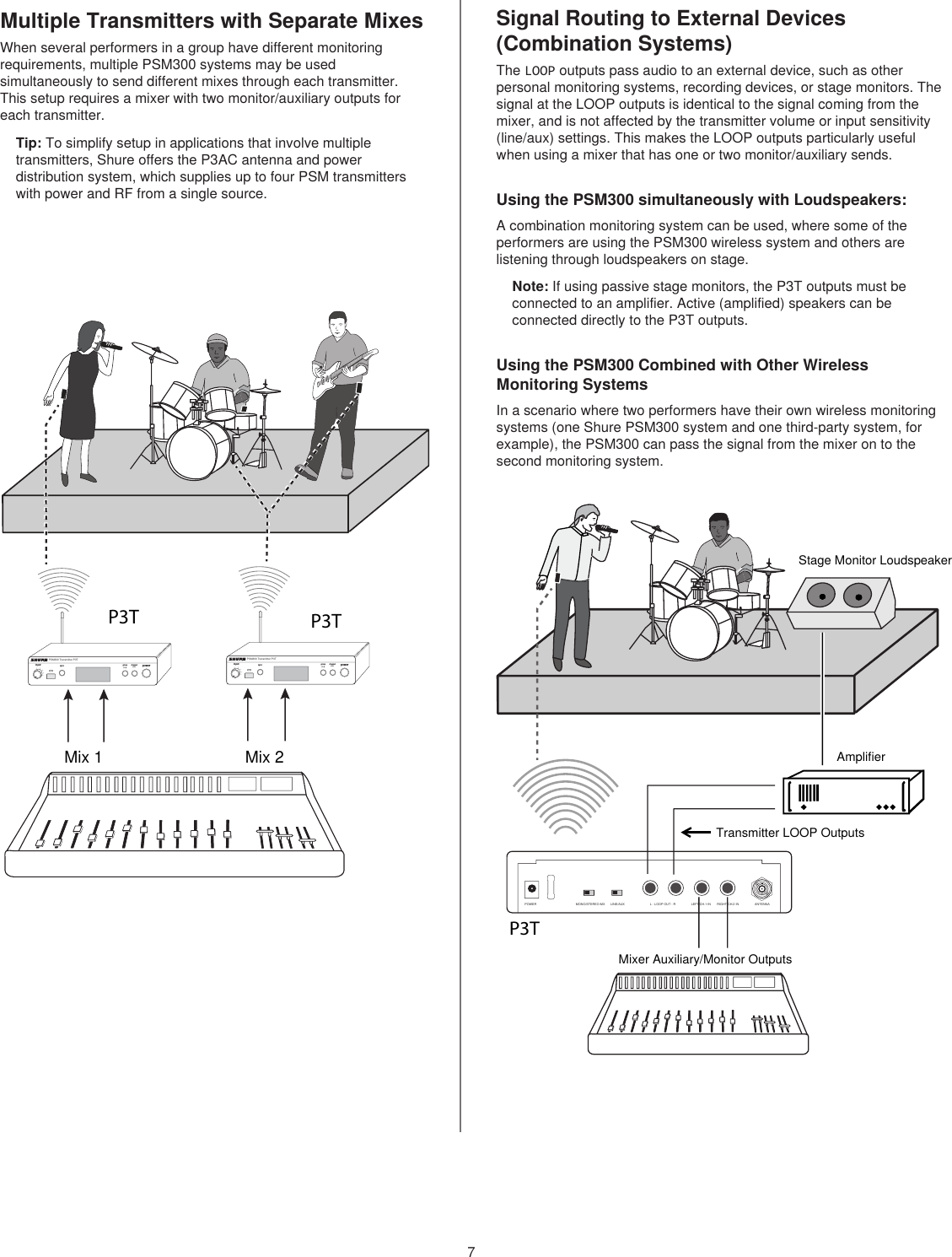 7Multiple Transmitters with Separate MixesWhen several performers in a group have different monitoring requirements, multiple PSM300 systems may be used simultaneously to send different mixes through each transmitter. This setup requires a mixer with two monitor/auxiliary outputs for each transmitter.Tip: To simplify setup in applications that involve multiple transmitters, Shure offers the P3AC antenna and power distribution system, which supplies up to four PSM transmitters with power and RF from a single source.Signal Routing to External Devices (Combination Systems)The LOOP outputs pass audio to an external device, such as other personal monitoring systems, recording devices, or stage monitors. The signal at the LOOP outputs is identical to the signal coming from the mixer, and is not affected by the transmitter volume or input sensitivity (line/aux) settings. This makes the LOOP outputs particularly useful when using a mixer that has one or two monitor/auxiliary sends.Using the PSM300 simultaneously with Loudspeakers:A combination monitoring system can be used, where some of the performers are using the PSM300 wireless system and others are listening through loudspeakers on stage.Note: If using passive stage monitors, the P3T outputs must be connected to an amplifier. Active (amplified) speakers can be connected directly to the P3T outputs.Using the PSM300 Combined with Other Wireless Monitoring Systems In a scenario where two performers have their own wireless monitoring systems (one Shure PSM300 system and one third-party system, for example), the PSM300 can pass the signal from the mixer on to the second monitoring system.P3TP3Tpowergroup channelsyncPSM300 Transmitter P3T(1-F)(1-9)inputpowergroup channelsyncPSM300 Transmitter P3T(1-F)(1-9)inputMix 1Mix 2P3TMONO/STEREO-MX LINE/AUX LEFT/CH.1 IN RIGHT/CH.2 INL - LOOP OUT - R ANTENNAPOWERStage Monitor LoudspeakerAmplifierTransmitter LOOP OutputsMixer Auxiliary/Monitor Outputs