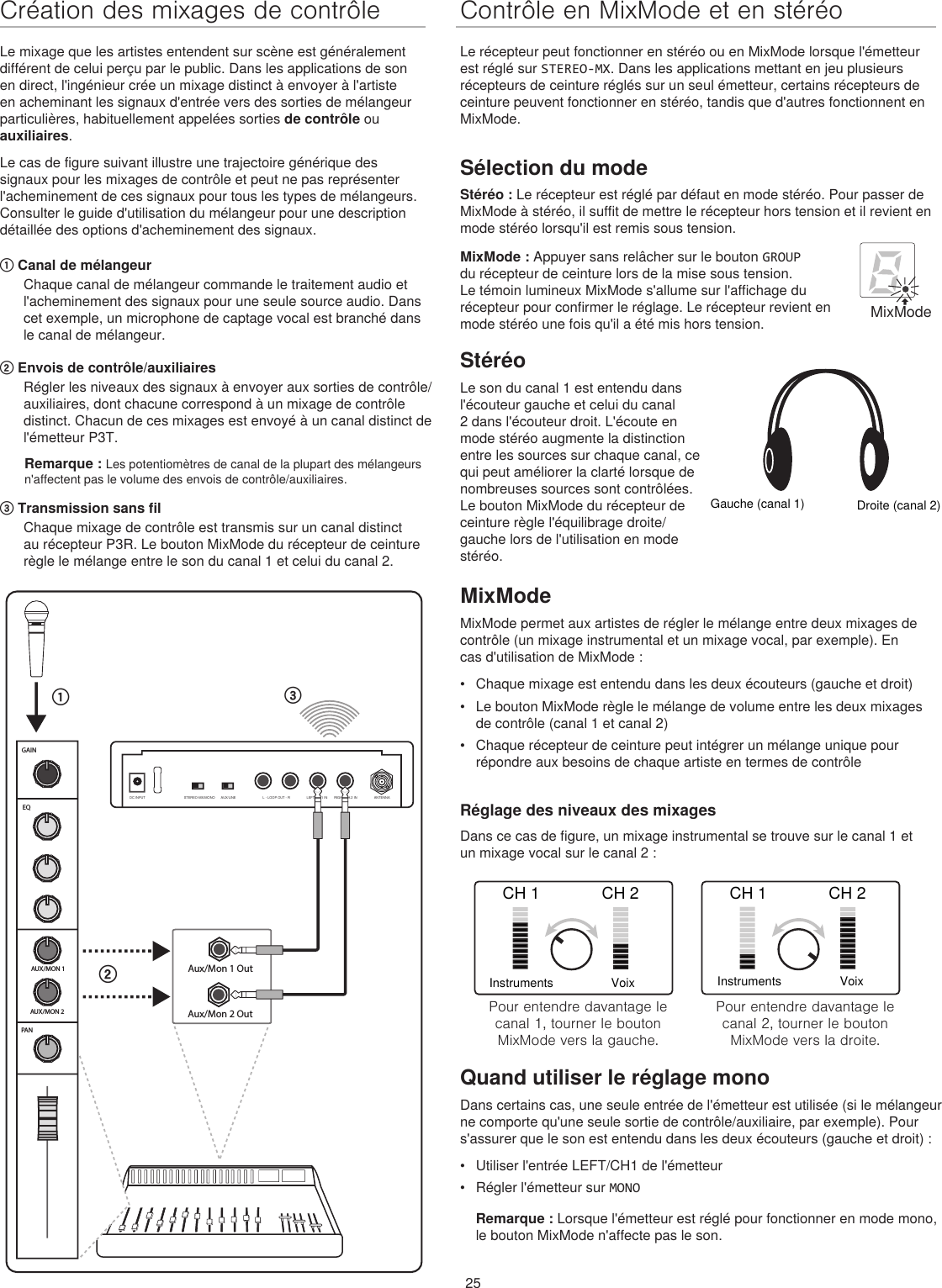 25Contrôle en MixMode et en stéréo Le récepteur peut fonctionner en stéréo ou en MixMode lorsque l&apos;émetteur est réglé sur STEREO-MX. Dans les applications mettant en jeu plusieurs récepteurs de ceinture réglés sur un seul émetteur, certains récepteurs de ceinture peuvent fonctionner en stéréo, tandis que d&apos;autres fonctionnent en MixMode.Sélection du modeStéréo : Le récepteur est réglé par défaut en mode stéréo. Pour passer de MixMode à stéréo, il suffit de mettre le récepteur hors tension et il revient en mode stéréo lorsqu&apos;il est remis sous tension.Création des mixages de contrôleLe mixage que les artistes entendent sur scène est généralement différent de celui perçu par le public. Dans les applications de son en direct, l&apos;ingénieur crée un mixage distinct à envoyer à l&apos;artiste en acheminant les signaux d&apos;entrée vers des sorties de mélangeur particulières, habituellement appelées sorties de contrôle ou auxiliaires. Le cas de figure suivant illustre une trajectoire générique des signaux pour les mixages de contrôle et peut ne pas représenter l&apos;acheminement de ces signaux pour tous les types de mélangeurs. Consulter le guide d&apos;utilisation du mélangeur pour une description détaillée des options d&apos;acheminement des signaux. ① Canal de mélangeurChaque canal de mélangeur commande le traitement audio et l&apos;acheminement des signaux pour une seule source audio. Dans cet exemple, un microphone de captage vocal est branché dans le canal de mélangeur.② Envois de contrôle/auxiliairesRégler les niveaux des signaux à envoyer aux sorties de contrôle/auxiliaires, dont chacune correspond à un mixage de contrôle distinct. Chacun de ces mixages est envoyé à un canal distinct de l&apos;émetteur P3T. Remarque : Les potentiomètres de canal de la plupart des mélangeurs n&apos;affectent pas le volume des envois de contrôle/auxiliaires. ③ Transmission sans fil Chaque mixage de contrôle est transmis sur un canal distinct au récepteur P3R. Le bouton MixMode du récepteur de ceinture règle le mélange entre le son du canal 1 et celui du canal 2.CH 1 CH 2InstrumentsVoixPour entendre davantage le canal 1, tourner le bouton MixMode vers la gauche.CH 1 CH 2InstrumentsVoixPour entendre davantage le canal 2, tourner le bouton MixMode vers la droite.Quand utiliser le réglage monoDans certains cas, une seule entrée de l&apos;émetteur est utilisée (si le mélangeur ne comporte qu&apos;une seule sortie de contrôle/auxiliaire, par exemple). Pour s&apos;assurer que le son est entendu dans les deux écouteurs (gauche et droit) :•  Utiliser l&apos;entrée LEFT/CH1 de l&apos;émetteur•  Régler l&apos;émetteur sur MONORemarque : Lorsque l&apos;émetteur est réglé pour fonctionner en mode mono, le bouton MixMode n&apos;affecte pas le son. AUX/MON 1AUX/MON 2EQGAINPAN௖௕௔Aux/Mon 1 OutAux/Mon 2 OutSTEREO-MX/MONO AUX/LINE LEFT/CH.1 IN RIGHT/CH.2 INL - LOOP OUT - R ANTENNADC INPUTMixMode : Appuyer sans relâcher sur le bouton GROUP du récepteur de ceinture lors de la mise sous tension. Le témoin lumineux MixMode s&apos;allume sur l&apos;affichage du récepteur pour confirmer le réglage. Le récepteur revient en mode stéréo une fois qu&apos;il a été mis hors tension.MixModeStéréoLe son du canal 1 est entendu dans l&apos;écouteur gauche et celui du canal 2 dans l&apos;écouteur droit. L&apos;écoute en mode stéréo augmente la distinction entre les sources sur chaque canal, ce qui peut améliorer la clarté lorsque de nombreuses sources sont contrôlées. Le bouton MixMode du récepteur de ceinture règle l&apos;équilibrage droite/gauche lors de l&apos;utilisation en mode stéréo.Gauche (canal 1)Droite (canal 2)MixModeMixMode permet aux artistes de régler le mélange entre deux mixages de contrôle (un mixage instrumental et un mixage vocal, par exemple). En cas d&apos;utilisation de MixMode : •  Chaque mixage est entendu dans les deux écouteurs (gauche et droit)•  Le bouton MixMode règle le mélange de volume entre les deux mixages de contrôle (canal 1 et canal 2)•  Chaque récepteur de ceinture peut intégrer un mélange unique pour répondre aux besoins de chaque artiste en termes de contrôleRéglage des niveaux des mixagesDans ce cas de figure, un mixage instrumental se trouve sur le canal 1 et un mixage vocal sur le canal 2 :