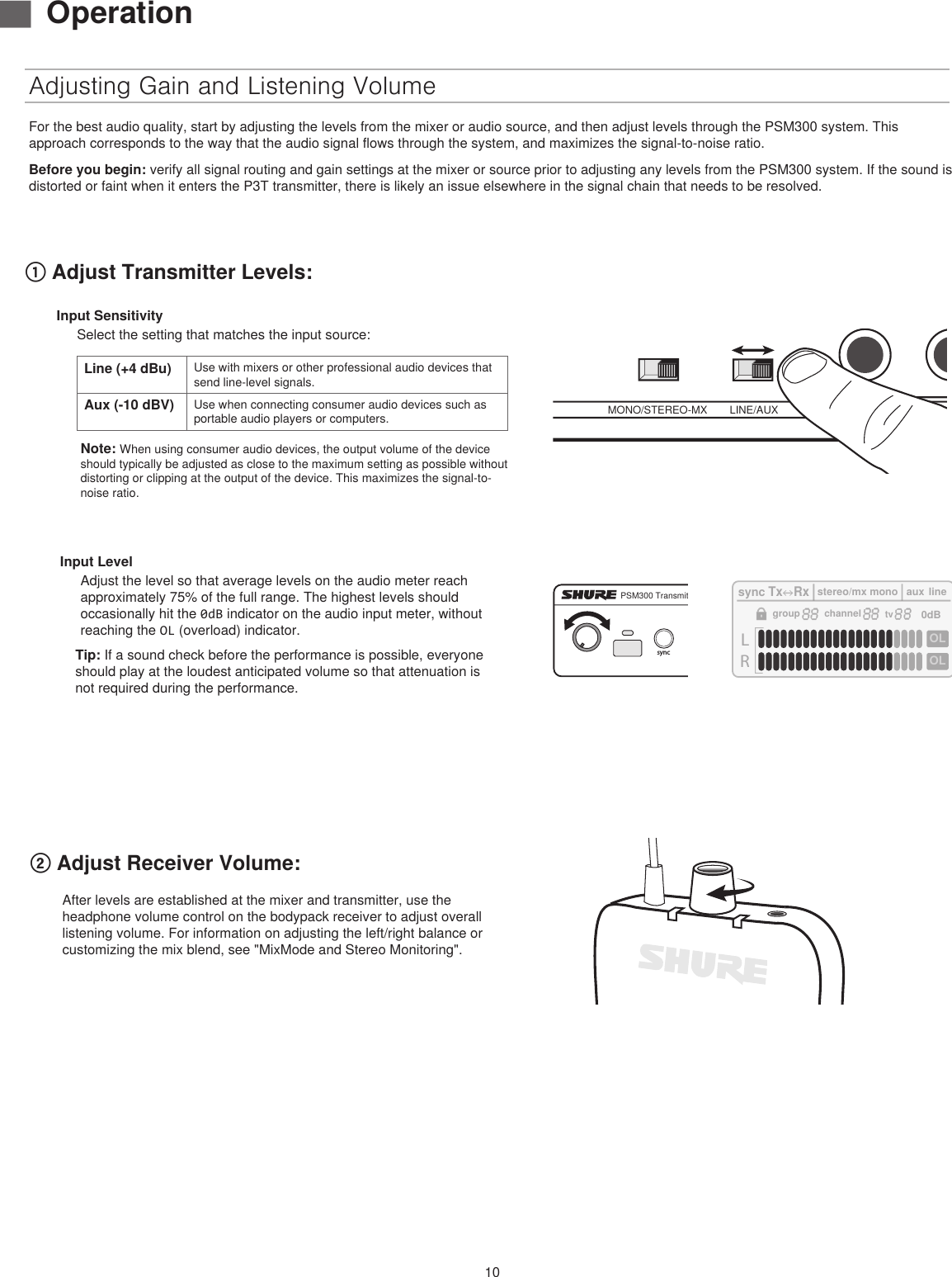 10Adjusting Gain and Listening VolumeFor the best audio quality, start by adjusting the levels from the mixer or audio source, and then adjust levels through the PSM300 system. This approach corresponds to the way that the audio signal flows through the system, and maximizes the signal-to-noise ratio. Before you begin: verify all signal routing and gain settings at the mixer or source prior to adjusting any levels from the PSM300 system. If the sound is distorted or faint when it enters the P3T transmitter, there is likely an issue elsewhere in the signal chain that needs to be resolved.MONO/STEREO-MX LINE/AUX TRS INInput LevelAdjust the level so that average levels on the audio meter reach approximately 75% of the full range. The highest levels should occasionally hit the 0dB indicator on the audio input meter, without reaching the OL (overload) indicator.Tip: If a sound check before the performance is possible, everyone should play at the loudest anticipated volume so that attenuation is not required during the performance.powergroup(A-Y)channel(0-9)syncPSM300 Transmitter P3TLROLOLsyncTxRxstereo/mx monoauxline0dBgroupchanneltv② Adjust Receiver Volume:① Adjust Transmitter Levels: ▇OperationInput SensitivitySelect the setting that matches the input source:Line (+4 dBu) Use with mixers or other professional audio devices that send line-level signals.Aux (-10 dBV) Use when connecting consumer audio devices such as portable audio players or computers.Note: When using consumer audio devices, the output volume of the device should typically be adjusted as close to the maximum setting as possible without distorting or clipping at the output of the device. This maximizes the signal-to-noise ratio.After levels are established at the mixer and transmitter, use the headphone volume control on the bodypack receiver to adjust overall listening volume. For information on adjusting the left/right balance or customizing the mix blend, see &quot;MixMode and Stereo Monitoring&quot;. 