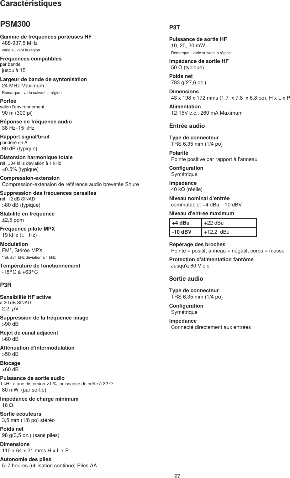 27CaractéristiquesPSM300Gamme de fréquences porteuses HF488-937,5 MHzvarie suivant la régionFréquences compatiblespar bandejusqu&apos;à 15Largeur de bande de syntonisation24 MHz MaximumRemarque : varie suivant la régionPortéeselon l&apos;environnement90 m (300 pi) Réponse en fréquence audio38 Hz–15 kHzRapport signal/bruitpondéré en A90 dB (typique)Distorsion harmonique totaleréf. ±34 kHz deviation à 1 kHz&lt;0.5% (typique)Compression-extensionCompression-extension de référence audio brevetée ShureSuppression des fréquences parasitesréf. 12 dB SINAD&gt;80 dB (typique)Stabilité en fréquence±2,5 ppmFréquence pilote MPX19 kHz (±1 Hz)ModulationFM*, Stéréo MPX*réf. ±34 kHz deviation à 1 kHzTempérature de fonctionnement-18°C à +63°CP3RSensibilité HF activeà 20 dB SINAD2,2  µVSuppression de la fréquence image&gt;90 dBRejet de canal adjacent&gt;60 dBAtténuation d&apos;intermodulation&gt;50 dBBlocage&gt;60 dBPuissance de sortie audio1 kHz à une distorsion &lt;1 %, puissance de crête à 32 Ω80 mW  (par sortie)Impédance de charge minimum16 ΩSortie écouteurs3,5 mm (1/8 po) stéréoPoids net98 g(3,5 oz.) (sans piles)Dimensions110 x 64 x 21 mms H x L x PAutonomie des piles5–7 heures (utilisation continue) Piles AAP3TPuissance de sortie HF10, 20, 30 mWRemarque : varie suivant la régionImpédance de sortie HF50 Ω (typique)Poids net783 g(27,6 oz.)Dimensions43 x 198 x 172 mms (1.7  x 7.8  x 6.8 po), H x L x PAlimentation12-15V c.c., 260 mA MaximumEntrée audioType de connecteurTRS 6,35 mm (1/4 po)PolaritéPointe positive par rapport à l&apos;anneauConfigurationSymétriqueImpédance40 kΩ (réelle)Niveau nominal d&apos;entréecommutable: +4 dBu, –10 dBVNiveau d&apos;entrée maximum+4 dBu +22 dBu-10 dBV +12,2  dBuRepérage des brochesPointe = positif, anneau = négatif, corps = masseProtection d&apos;alimentation fantômeJusqu&apos;à 60 V c.c.Sortie audioType de connecteurTRS 6,35 mm (1/4 po)ConfigurationSymétriqueImpédanceConnecté directement aux entrées