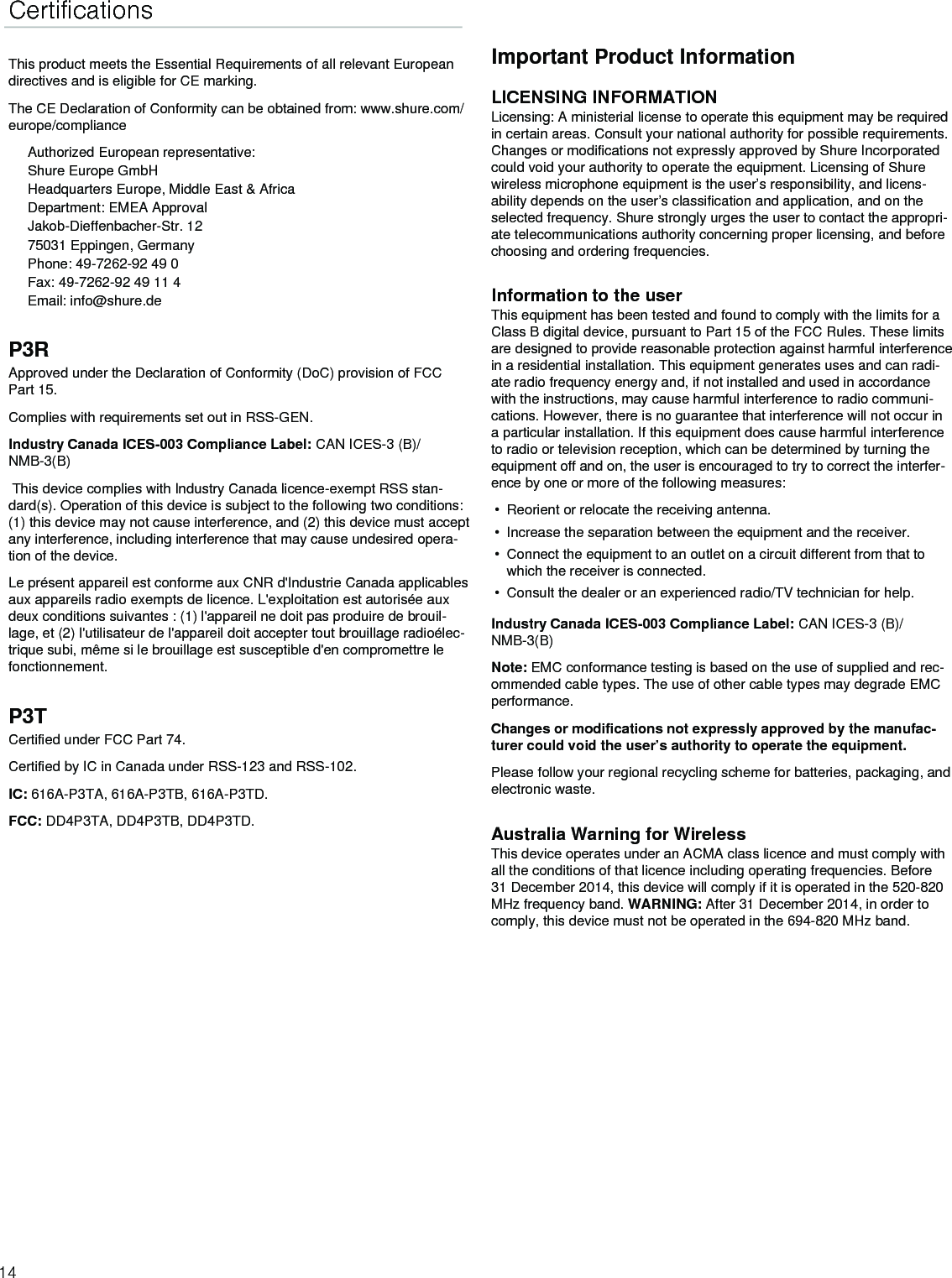 Page 14 of Shure orporated P3TT Non-Broadcast Base Station Transmitter User Manual Exhibit D Users Manual per 2 1033 c3