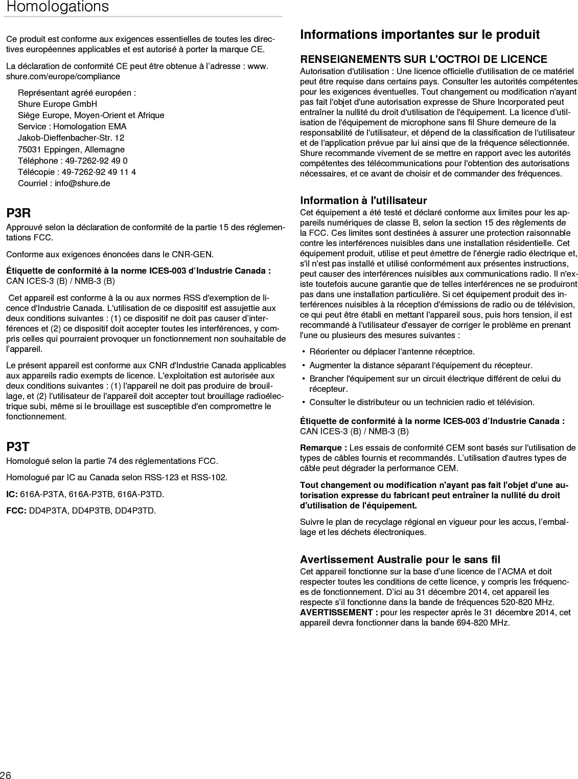 Page 26 of Shure orporated P3TT Non-Broadcast Base Station Transmitter User Manual Exhibit D Users Manual per 2 1033 c3