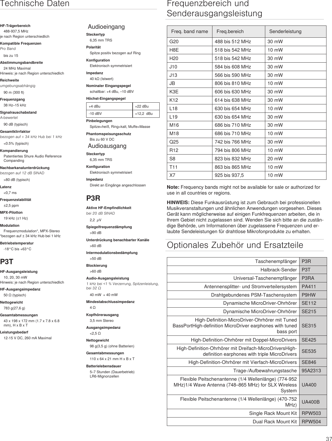 Page 37 of Shure orporated P3TT Non-Broadcast Base Station Transmitter User Manual Exhibit D Users Manual per 2 1033 c3