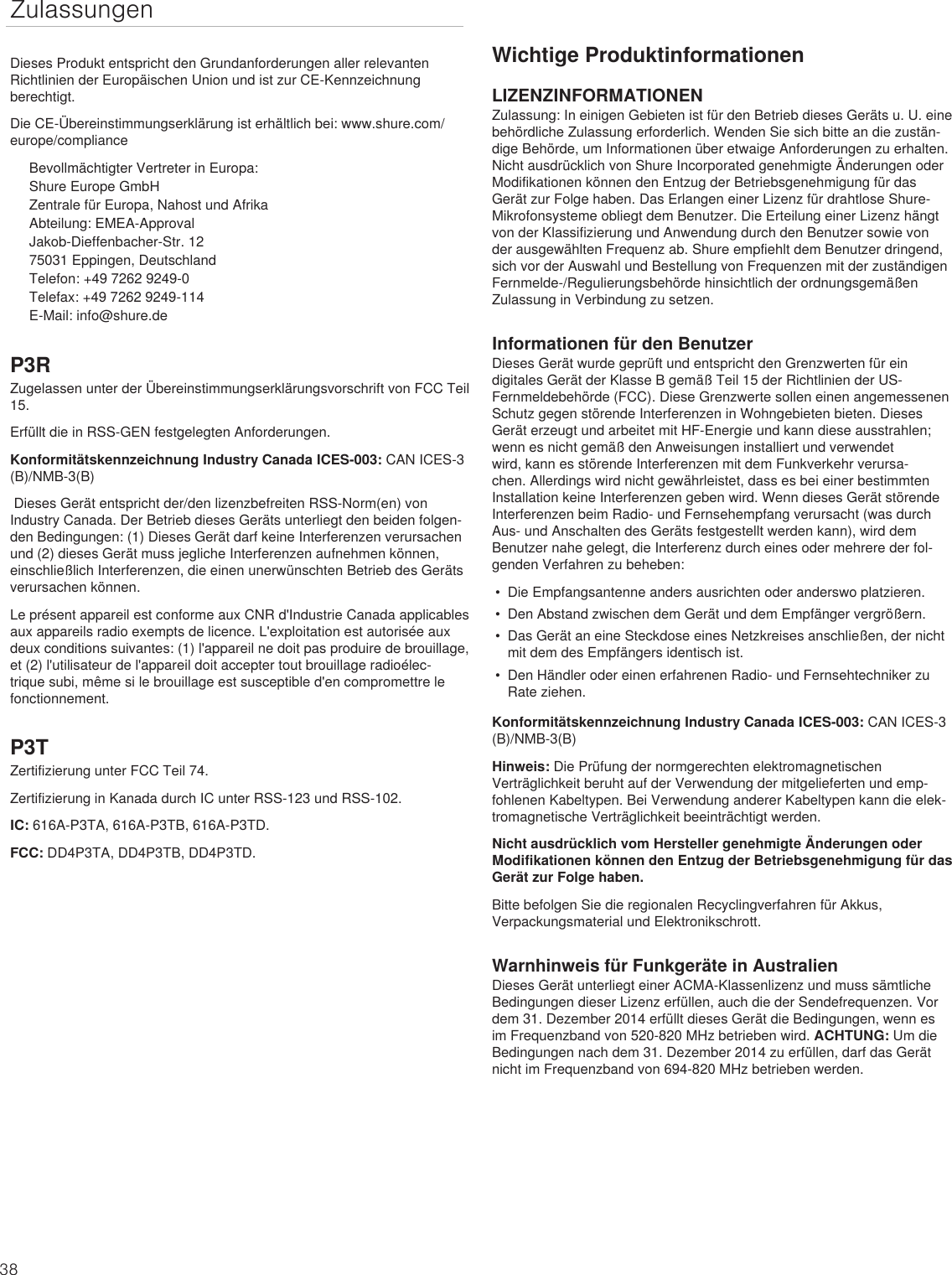 Page 38 of Shure orporated P3TT Non-Broadcast Base Station Transmitter User Manual Exhibit D Users Manual per 2 1033 c3