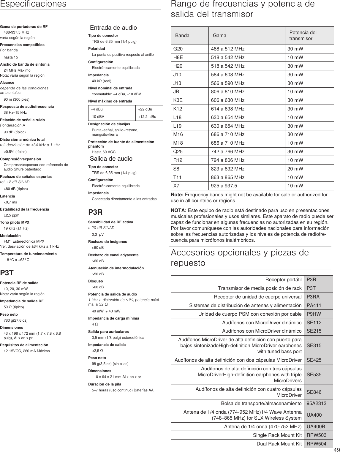 Page 49 of Shure orporated P3TT Non-Broadcast Base Station Transmitter User Manual Exhibit D Users Manual per 2 1033 c3