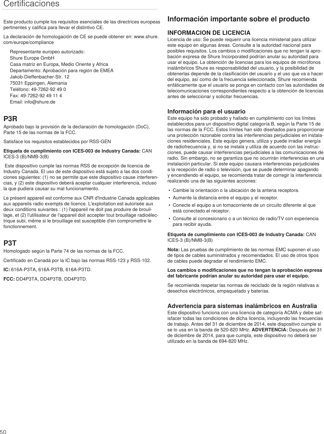 Page 50 of Shure orporated P3TT Non-Broadcast Base Station Transmitter User Manual Exhibit D Users Manual per 2 1033 c3