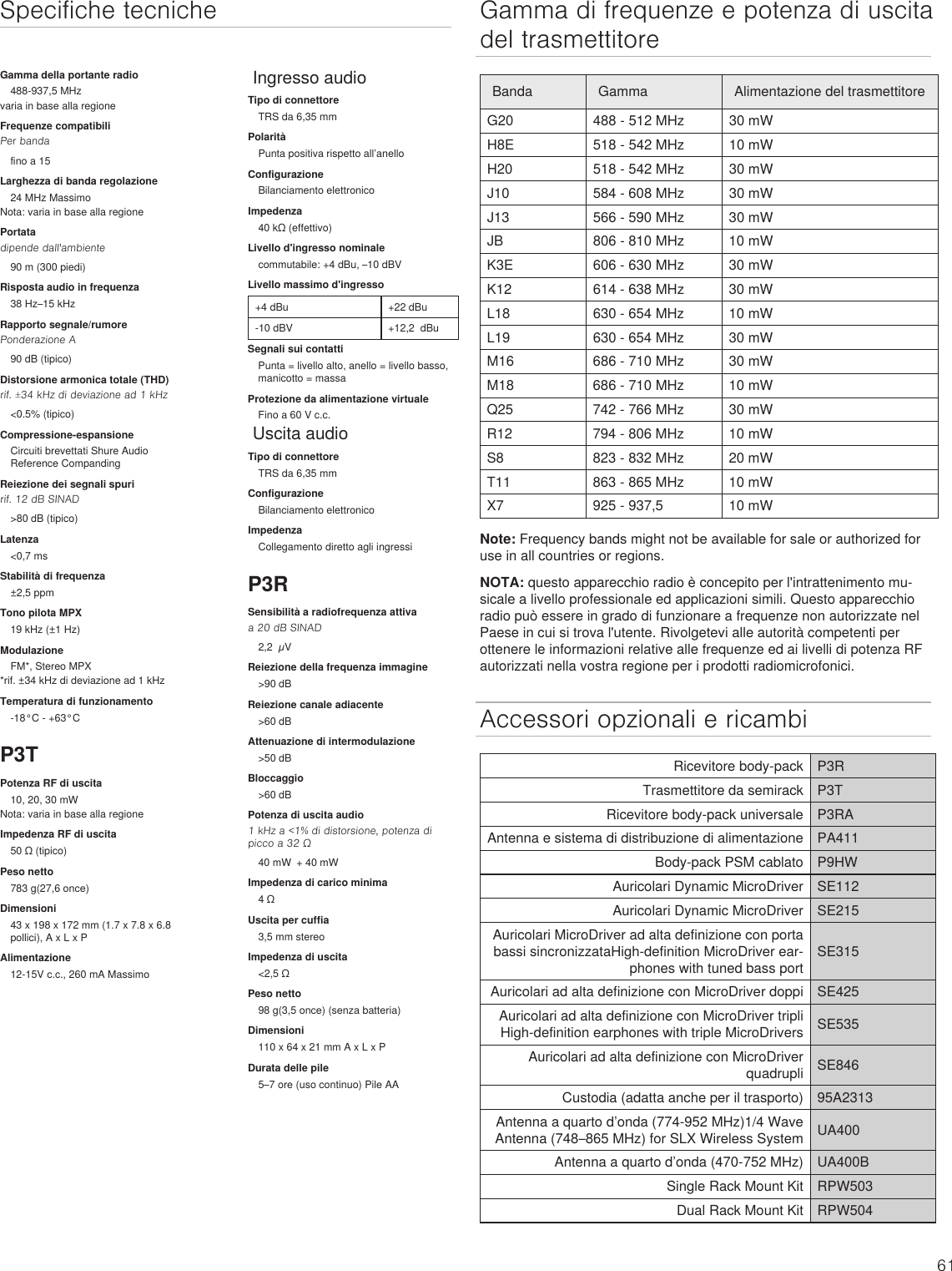 Page 61 of Shure orporated P3TT Non-Broadcast Base Station Transmitter User Manual Exhibit D Users Manual per 2 1033 c3