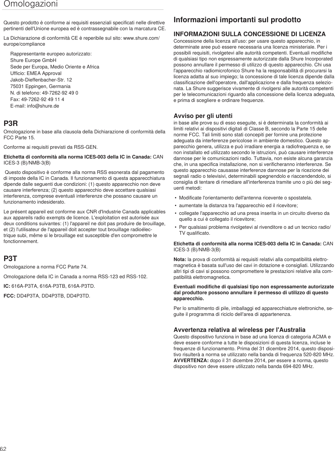 Page 62 of Shure orporated P3TT Non-Broadcast Base Station Transmitter User Manual Exhibit D Users Manual per 2 1033 c3