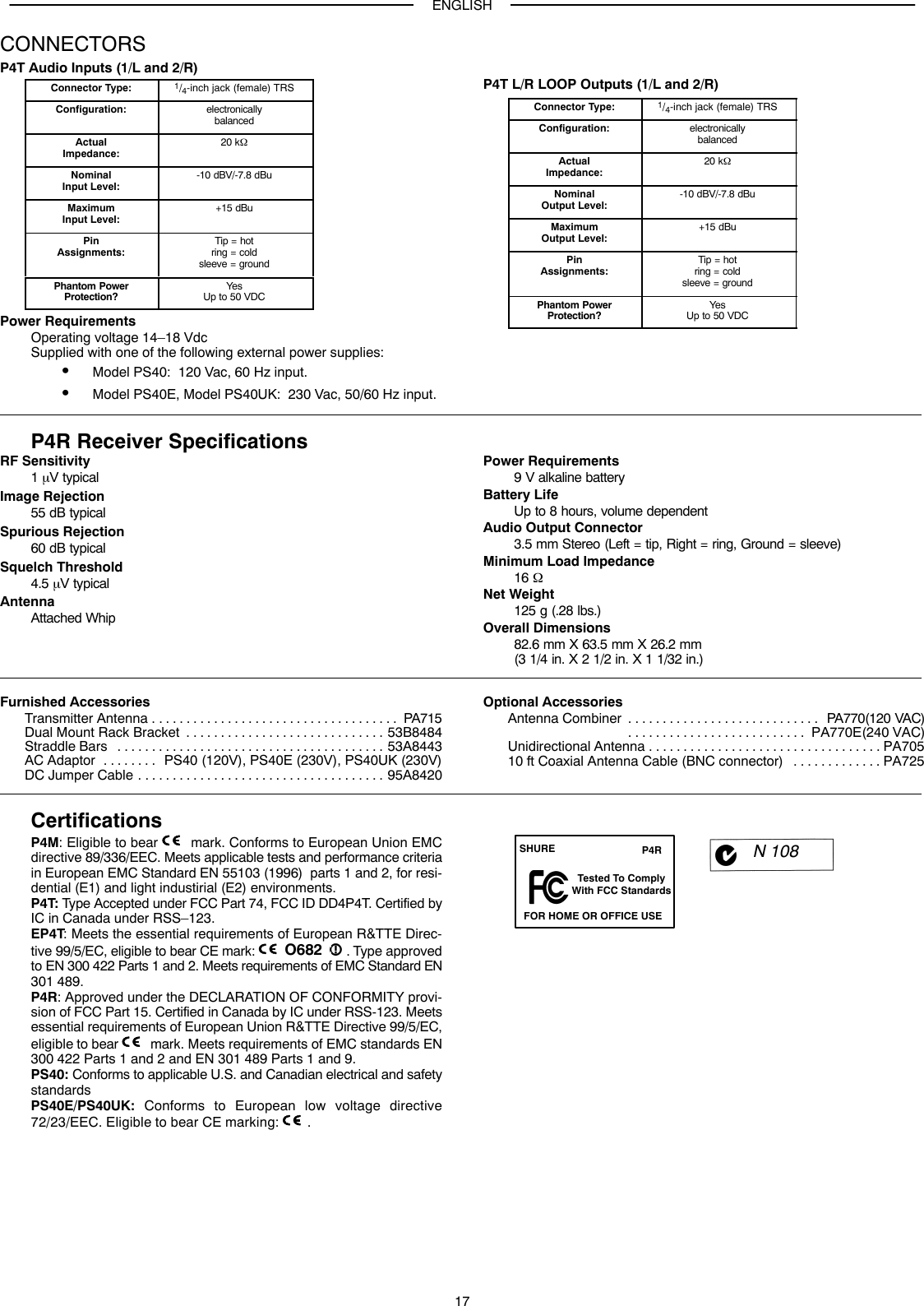 ENGLISH17CONNECTORSP4T Audio Inputs (1/L and 2/R)Connector Type: 1/4-inch jack (female) TRSConfiguration: electronicallybalancedActualImpedance: 20 kΩNominalInput Level: -10 dBV/-7.8 dBuMaximumInput Level: +15 dBuPinAssignments: Tip = hotring = coldsleeve = groundPhantom PowerProtection? YesUp to 50 VDCPower RequirementsOperating voltage 14–18 VdcSupplied with one of the following external power supplies:SModel PS40:  120 Vac, 60 Hz input.SModel PS40E, Model PS40UK:  230 Vac, 50/60 Hz input.P4T L/R LOOP Outputs (1/L and 2/R)Connector Type: 1/4-inch jack (female) TRSConfiguration: electronicallybalancedActualImpedance: 20 kΩNominalOutput Level: -10 dBV/-7.8 dBuMaximumOutput Level: +15 dBuPinAssignments: Tip = hotring = coldsleeve = groundPhantom PowerProtection? YesUp to 50 VDCP4R Receiver SpecificationsRF Sensitivity1 µV typicalImage Rejection55 dB typicalSpurious Rejection60 dB typicalSquelch Threshold4.5 µV typicalAntennaAttached WhipPower Requirements9 V alkaline batteryBattery LifeUp to 8 hours, volume dependentAudio Output Connector3.5 mm Stereo (Left = tip, Right = ring, Ground = sleeve)Minimum Load Impedance16 ΩNet Weight125 g (.28 lbs.)Overall Dimensions82.6 mm X 63.5 mm X 26.2 mm(3 1/4 in. X 2 1/2 in. X 1 1/32 in.)Furnished AccessoriesTransmitter Antenna PA715. . . . . . . . . . . . . . . . . . . . . . . . . . . . . . . . . . . . Dual Mount Rack Bracket 53B8484. . . . . . . . . . . . . . . . . . . . . . . . . . . . . Straddle Bars 53A8443. . . . . . . . . . . . . . . . . . . . . . . . . . . . . . . . . . . . . . . AC Adaptor PS40 (120V), PS40E (230V), PS40UK (230V). . . . . . . . DC Jumper Cable 95A8420. . . . . . . . . . . . . . . . . . . . . . . . . . . . . . . . . . . . Optional AccessoriesAntenna Combiner PA770(120 VAC). . . . . . . . . . . . . . . . . . . . . . . . . . . . PA770E(240 VAC). . . . . . . . . . . . . . . . . . . . . . . . . . Unidirectional Antenna PA705. . . . . . . . . . . . . . . . . . . . . . . . . . . . . . . . . . 10 ft Coaxial Antenna Cable (BNC connector) PA725. . . . . . . . . . . . . CertificationsP4M: Eligible to bear   mark. Conforms to European Union EMCdirective 89/336/EEC. Meets applicable tests and performance criteriain European EMC Standard EN 55103 (1996)  parts 1 and 2, for resi-dential (E1) and light industirial (E2) environments.P4T: Type Accepted under FCC Part 74, FCC ID DD4P4T. Certified byIC in Canada under RSS–123.EP4T: Meets the essential requirements of European R&amp;TTE Direc-tive 99/5/EC, eligible to bear CE mark:  O682 . Type approvedto EN 300 422 Parts 1 and 2. Meets requirements of EMC Standard EN301 489.P4R: Approved under the DECLARATION OF CONFORMITY provi-sion of FCC Part 15. Certified in Canada by IC under RSS-123. Meetsessential requirements of European Union R&amp;TTE Directive 99/5/EC,eligible to bear   mark. Meets requirements of EMC standards EN300 422 Parts 1 and 2 and EN 301 489 Parts 1 and 9.PS40: Conforms to applicable U.S. and Canadian electrical and safetystandardsPS40E/PS40UK: Conforms to European low voltage directive72/23/EEC. Eligible to bear CE marking:  .SHURE P4RTested To ComplyWith FCC StandardsFOR HOME OR OFFICE USEN 108