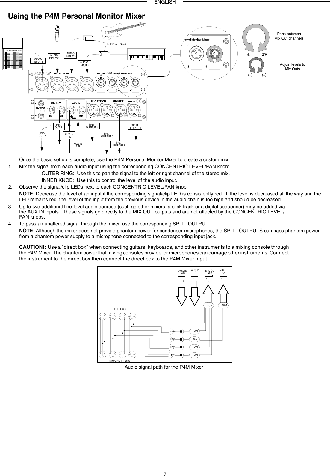 ENGLISH7Using the P4M Personal Monitor MixerAUDIOINPUT 1 AUDIO INPUT 4AUDIO INPUT 3AUDIOINPUT 2SPLITOUTPUT 4SPLITOUTPUT 3SPLITOUTPUT 2SPLITOUTPUT 1MIXOUT 2MIXOUT 1 AUX IN1/LAUX IN2/RPans betweenMix Out channelsAdjust levels toMix Outs1/L(–)2/R(+)DIRECT BOXOnce the basic set up is complete, use the P4M Personal Monitor Mixer to create a custom mix:1. Mix the signal from each audio input using the corresponding CONCENTRIC LEVEL/PAN knob:OUTER RING:  Use this to pan the signal to the left or right channel of the stereo mix.INNER KNOB:  Use this to control the level of the audio input.2. Observe the signal/clip LEDs next to each CONCENTRIC LEVEL/PAN knob.NOTE: Decrease the level of an input if the corresponding signal/clip LED is consistently red.  If the level is decreased all the way and theLED remains red, the level of the input from the previous device in the audio chain is too high and should be decreased.3. Up to two additional line-level audio sources (such as other mixers, a click track or a digital sequencer) may be added viathe AUX IN inputs.  These signals go directly to the MIX OUT outputs and are not affected by the CONCENTRIC LEVEL/PAN knobs.4. To pass an unaltered signal through the mixer, use the corresponding SPLIT OUTPUT.NOTE: Although the mixer does not provide phantom power for condenser microphones, the SPLIT OUTPUTS can pass phantom powerfrom a phantom power supply to a microphone connected to the corresponding input jack.CAUTION!: Use a “direct box” when connecting guitars, keyboards, and other instruments to a mixing console throughthe P4M Mixer. The phantom power that mixing consoles provide for microphones can damage other instruments. Connectthe instrument to the direct box then connect the direct box to the P4M Mixer input.Audio signal path for the P4M MixerSPLIT OUTSLEVLEVLEVLEVSUM SUMPANPANPANPANMIC/LINE INPUTSAUX IN AUX IN MIX OUT MIX OUT2/R 2/R1/L 1/L