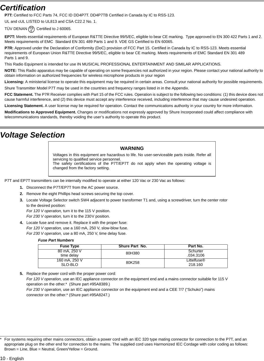 10 - EnglishCertificationP7T: Certified to FCC Parts 74, FCC ID DD4P7T. DD4P7TB Certified in Canada by IC to RSS-123.UL and cUL LISTED to UL813 and CSA C22.2 No. 1. TÜV DENAN  Certified to J 60065.EP7T: Meets essential requirements of European R&amp;TTE Directive 99/5/EC, eligible to bear CE marking.  Type approved to EN 300 422 Parts 1 and 2.  Meets requirements of EMC  Standard EN 301 489 Parts 1 and 9. VDE GS Certified to EN 60065.P7R: Approved under the Declaration of Conformity (DoC) provision of FCC Part 15. Certified in Canada by IC to RSS-123. Meets essential requirements of European Union R&amp;TTE Directive 99/5/EC, eligible to bear CE marking. Meets requirements of EMC Standard EN 301 489 Parts 1 and 9.This Radio Equipment is intended for use IN MUSICAL PROFESSIONAL ENTERTAINMENT AND SIMILAR APPLICATIONS.NOTE: This Radio apparatus may be capable of operating on some frequencies not authorized in your region. Please contact your national authority to obtain information on authorized frequencies for wireless microphone products in your regionLicensing: A ministerial license to operate this equipment may be required in certain areas. Consult your national authority for possible requirements.Shure Transmitter Model P7T may be used in the countries and frequency ranges listed in in the Appendix.FCC Statement. The P7R Receiver complies with Part 15 of the FCC rules. Operation is subject to the following two conditions: (1) this device does not cause harmful interference, and (2) this device must accept any interference received, including interference that may cause undesired operation.Licensing Statement. A user license may be required for operation. Contact the communications authority in your country for more information.Modifications to Approved Equipment. Changes or modifications not expressly approved by Shure Incorporated could affect compliance with telecommunications standards, thereby voiding the user’s authority to operate this product.Voltage SelectionP7T and EP7T transmitters can be internally modified to operate at either 120 Vac or 230 Vac as follows:1. Disconnect the P7T/EP7T from the AC power source.2. Remove the eight Phillips head screws securing the top cover.3. Locate Voltage Selector switch SW4 adjacent to power transformer T1 and, using a screwdriver, turn the center rotor to the desired position:For 120 V operation, turn it to the 115 V position.For 230 V operation, turn it to the 230V position.4. Locate fuse and remove it. Replace it with the proper fuse:For 120 V operation, use a 160 mA, 250 V, slow-blow fuse. For 230 V operation, use a 80 mA, 250 V, time delay fuse. 5. Replace the power cord with the proper power cord:For 120 V operation, use an IEC appliance connector on the equipment end and a mains connector suitable for 115 V operation on the other.*  (Shure part #95A8389.)For 230 V operation, use an IEC appliance connector on the equipment end and a CEE 7/7 (“Schuko”) mains connector on the other.* (Shure part #95A8247.)Fuse Part NumbersFuse Type Shure Part  No. Part No.80 mA, 250 Vtime delay 80H380 Schurter .034.3106160 mA, 250 VSLO-BLO 80K258 Littelfuse®218.160WARNINGVoltages in this equipment are hazardous to life. No user-serviceable parts inside. Refer allservicing to qualified service personnel. The safety certifications of the P7T/EP7T do not apply when the operating voltage ischanged from the factory setting.* For systems requiring other mains connectors, obtain a power cord with an IEC 320 type mating connector for connection to the P7T, and an appropriate plug on the other end for connection to the mains. The supplied cord uses Harmonized IEC Cordage with color coding as follows: Brown = Line, Blue = Neutral, Green/Yellow = Ground.