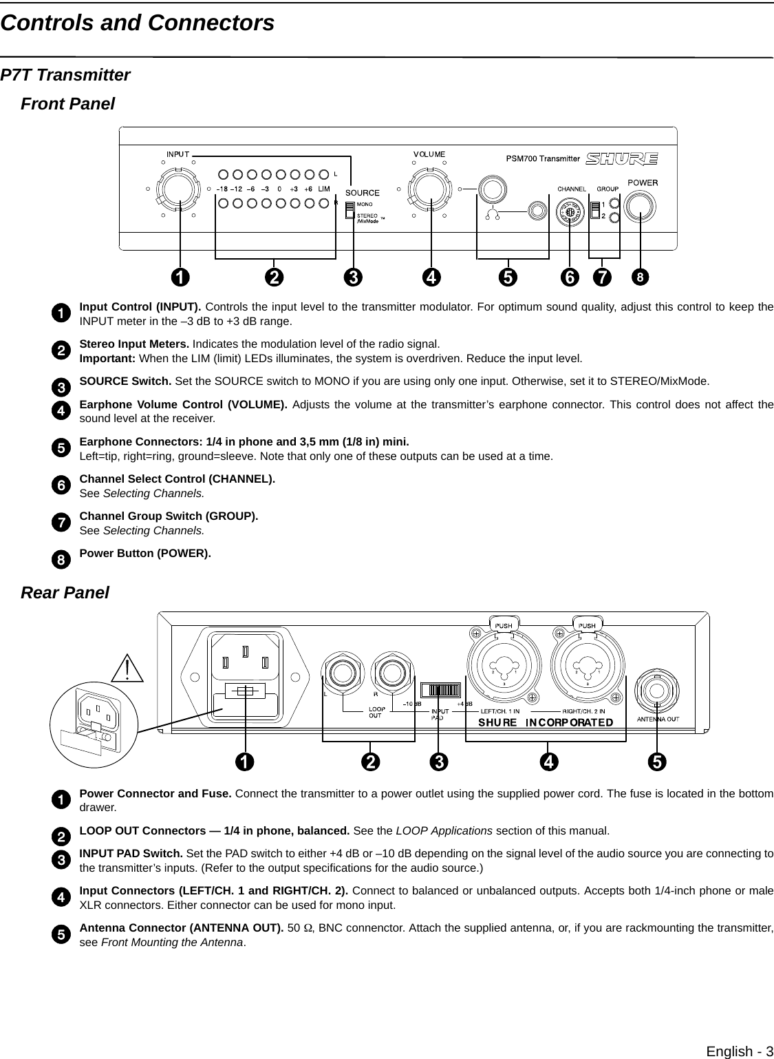 English - 3Controls and ConnectorsP7T TransmitterFront PanelInput Control (INPUT). Controls the input level to the transmitter modulator. For optimum sound quality, adjust this control to keep theINPUT meter in the –3 dB to +3 dB range.Stereo Input Meters. Indicates the modulation level of the radio signal.Important: When the LIM (limit) LEDs illuminates, the system is overdriven. Reduce the input level.SOURCE Switch. Set the SOURCE switch to MONO if you are using only one input. Otherwise, set it to STEREO/MixMode.Earphone Volume Control (VOLUME). Adjusts the volume at the transmitter’s earphone connector. This control does not affect thesound level at the receiver.Earphone Connectors: 1/4 in phone and 3,5 mm (1/8 in) mini. Left=tip, right=ring, ground=sleeve. Note that only one of these outputs can be used at a time.Channel Select Control (CHANNEL). See Selecting Channels. Channel Group Switch (GROUP). See Selecting Channels. Power Button (POWER).Rear PanelPower Connector and Fuse. Connect the transmitter to a power outlet using the supplied power cord. The fuse is located in the bottomdrawer.LOOP OUT Connectors — 1/4 in phone, balanced. See the LOOP Applications section of this manual.INPUT PAD Switch. Set the PAD switch to either +4 dB or –10 dB depending on the signal level of the audio source you are connecting tothe transmitter’s inputs. (Refer to the output specifications for the audio source.)Input Connectors (LEFT/CH. 1 and RIGHT/CH. 2). Connect to balanced or unbalanced outputs. Accepts both 1/4-inch phone or maleXLR connectors. Either connector can be used for mono input.Antenna Connector (ANTENNA OUT). 50 Ω, BNC connenctor. Attach the supplied antenna, or, if you are rackmounting the transmitter,see Front Mounting the Antenna. 