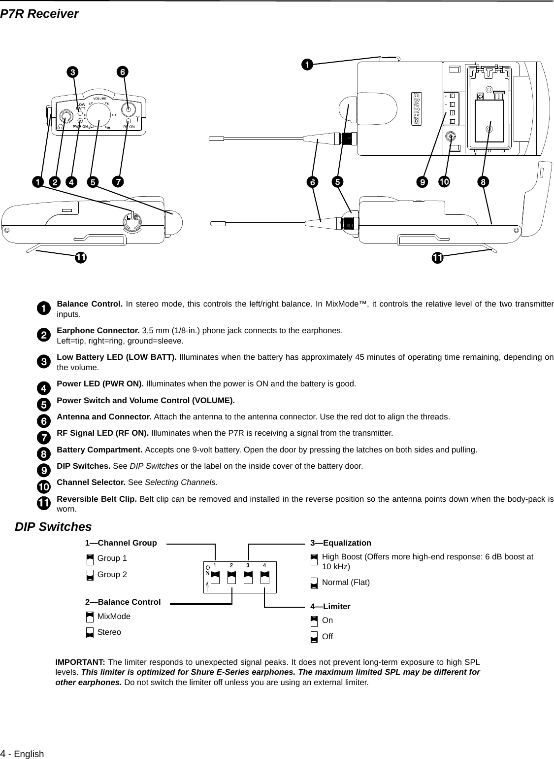 4 - EnglishP7R ReceiverBalance Control. In stereo mode, this controls the left/right balance. In MixMode™, it controls the relative level of the two transmitterinputs.Earphone Connector. 3,5 mm (1/8-in.) phone jack connects to the earphones. Left=tip, right=ring, ground=sleeve.Low Battery LED (LOW BATT). Illuminates when the battery has approximately 45 minutes of operating time remaining, depending onthe volume.Power LED (PWR ON). Illuminates when the power is ON and the battery is good.Power Switch and Volume Control (VOLUME). Antenna and Connector. Attach the antenna to the antenna connector. Use the red dot to align the threads. RF Signal LED (RF ON). Illuminates when the P7R is receiving a signal from the transmitter.  Battery Compartment. Accepts one 9-volt battery. Open the door by pressing the latches on both sides and pulling.DIP Switches. See DIP Switches or the label on the inside cover of the battery door.Channel Selector. See Selecting Channels. Reversible Belt Clip. Belt clip can be removed and installed in the reverse position so the antenna points down when the body-pack isworn. DIP SwitchesIMPORTANT: The limiter responds to unexpected signal peaks. It does not prevent long-term exposure to high SPLlevels. This limiter is optimized for Shure E-Series earphones. The maximum limited SPL may be different forother earphones. Do not switch the limiter off unless you are using an external limiter.1—Channel Group 3—Equalization4—Limiter2—Balance ControlGroup 1Group 2MixModeStereoHigh Boost (Offers more high-end response: 6 dB boost at 10 kHz)Normal (Flat)OnOff