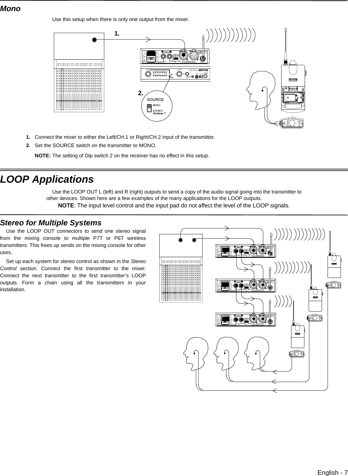 English - 7MonoUse this setup when there is only one output from the mixer. 1. Connect the mixer to either the Left/CH.1 or Right/CH.2 input of the transmitter.2. Set the SOURCE switch on the transmitter to MONO.NOTE: The setting of Dip switch 2 on the receiver has no effect in this setup.LOOP ApplicationsUse the LOOP OUT L (left) and R (right) outputs to send a copy of the audio signal going into the transmitter toother devices. Shown here are a few examples of the many applications for the LOOP outputs.NOTE: The input level control and the input pad do not affect the level of the LOOP signals.1.2.Stereo for Multiple SystemsUse the LOOP OUT connectors to send one stereo signalfrom the mixing console to multiple P7T or P6T wirelesstransmitters. This frees up sends on the mixing console for otheruses. Set up each system for stereo control as shown in the StereoControl section. Connect the first transmitter to the mixer.Connect the next transmitter to the first transmitter’s LOOPoutputs. Form a chain using all the transmitters in yourinstallation.
