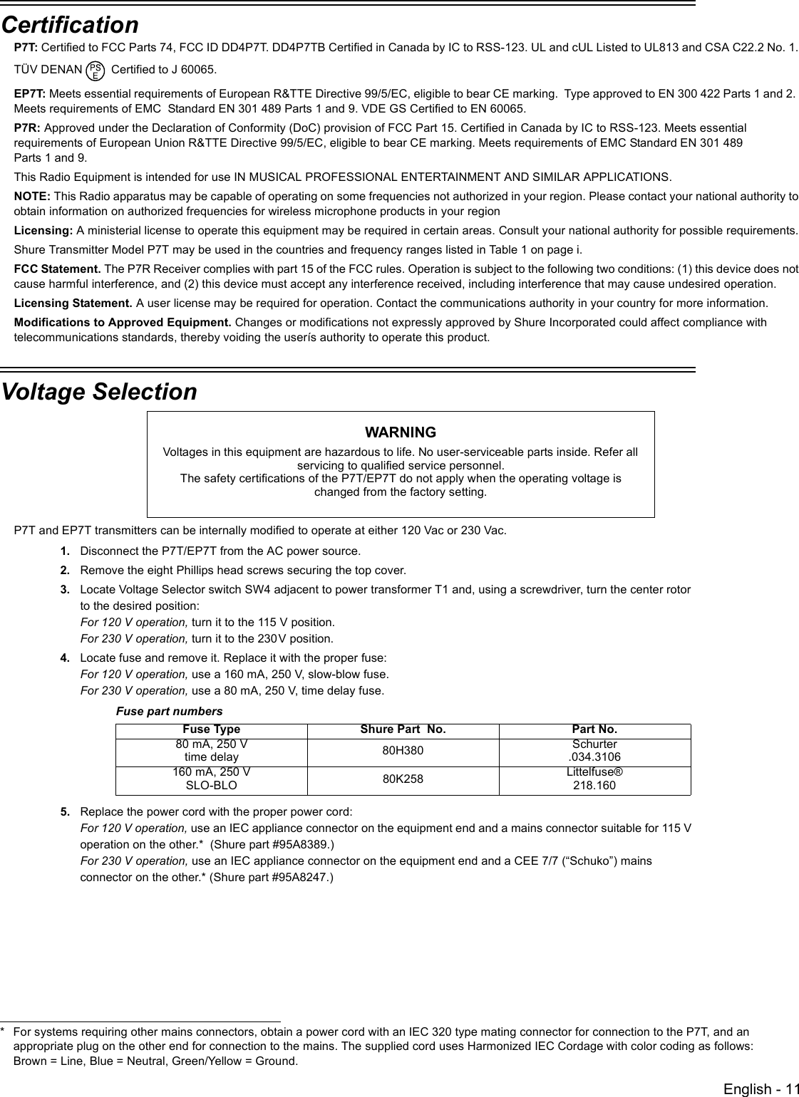 English - 11CertificationP7T: Certified to FCC Parts 74, FCC ID DD4P7T. DD4P7TB Certified in Canada by IC to RSS-123. UL and cUL Listed to UL813 and CSA C22.2 No. 1. TÜV DENAN  Certified to J 60065.EP7T: Meets essential requirements of European R&amp;TTE Directive 99/5/EC, eligible to bear CE marking.  Type approved to EN 300 422 Parts 1 and 2.  Meets requirements of EMC  Standard EN 301 489 Parts 1 and 9. VDE GS Certified to EN 60065.P7R: Approved under the Declaration of Conformity (DoC) provision of FCC Part 15. Certified in Canada by IC to RSS-123. Meets essential requirements of European Union R&amp;TTE Directive 99/5/EC, eligible to bear CE marking. Meets requirements of EMC Standard EN 301 489 Parts 1 and 9.This Radio Equipment is intended for use IN MUSICAL PROFESSIONAL ENTERTAINMENT AND SIMILAR APPLICATIONS.NOTE: This Radio apparatus may be capable of operating on some frequencies not authorized in your region. Please contact your national authority to obtain information on authorized frequencies for wireless microphone products in your regionLicensing: A ministerial license to operate this equipment may be required in certain areas. Consult your national authority for possible requirements.Shure Transmitter Model P7T may be used in the countries and frequency ranges listed in Table 1 on page i.FCC Statement. The P7R Receiver complies with part 15 of the FCC rules. Operation is subject to the following two conditions: (1) this device does not cause harmful interference, and (2) this device must accept any interference received, including interference that may cause undesired operation.Licensing Statement. A user license may be required for operation. Contact the communications authority in your country for more information.Modifications to Approved Equipment. Changes or modifications not expressly approved by Shure Incorporated could affect compliance with telecommunications standards, thereby voiding the userís authority to operate this product.Voltage SelectionP7T and EP7T transmitters can be internally modified to operate at either 120 Vac or 230 Vac.1. Disconnect the P7T/EP7T from the AC power source.2. Remove the eight Phillips head screws securing the top cover.3. Locate Voltage Selector switch SW4 adjacent to power transformer T1 and, using a screwdriver, turn the center rotor to the desired position:For 120 V operation, turn it to the 115 V position.For 230 V operation, turn it to the 230V position.4. Locate fuse and remove it. Replace it with the proper fuse:For 120 V operation, use a 160 mA, 250 V, slow-blow fuse. For 230 V operation, use a 80 mA, 250 V, time delay fuse. 5. Replace the power cord with the proper power cord:For 120 V operation, use an IEC appliance connector on the equipment end and a mains connector suitable for 115 V operation on the other.*  (Shure part #95A8389.)For 230 V operation, use an IEC appliance connector on the equipment end and a CEE 7/7 (“Schuko”) mains connector on the other.* (Shure part #95A8247.)Fuse part numbersFuse Type Shure Part  No. Part No.80 mA, 250 Vtime delay 80H380 Schurter .034.3106160 mA, 250 VSLO-BLO 80K258 Littelfuse®218.160WARNINGVoltages in this equipment are hazardous to life. No user-serviceable parts inside. Refer all servicing to qualified service personnel. The safety certifications of the P7T/EP7T do not apply when the operating voltage is changed from the factory setting.* For systems requiring other mains connectors, obtain a power cord with an IEC 320 type mating connector for connection to the P7T, and an appropriate plug on the other end for connection to the mains. The supplied cord uses Harmonized IEC Cordage with color coding as follows: Brown = Line, Blue = Neutral, Green/Yellow = Ground.