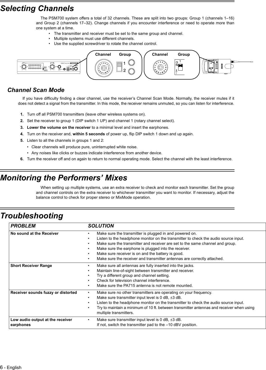 6 - EnglishSelecting ChannelsThe PSM700 system offers a total of 32 channels. These are split into two groups: Group 1 (channels 1–16)and Group 2 (channels 17–32). Change channels if you encounter interference or need to operate more thanone system at a time. • The transmitter and receiver must be set to the same group and channel. • Multiple systems must use different channels. • Use the supplied screwdriver to rotate the channel control.   Channel Scan ModeIf you have difficulty finding a clear channel, use the receiver’s Channel Scan Mode. Normally, the receiver mutes if itdoes not detect a signal from the transmitter. In this mode, the receiver remains unmuted, so you can listen for interference.1. Turn off all PSM700 transmitters (leave other wireless systems on).2. Set the receiver to group 1 (DIP switch 1 UP) and channel 1 (rotary channel select).3. Lower the volume on the receiver to a minimal level and insert the earphones.4. Turn on the receiver and, within 5 seconds of power up, flip DIP switch 1 down and up again. 5. Listen to all the channels in groups 1 and 2: • Clear channels will produce pure, uninterrupted white noise. • Any noises like clicks or buzzes indicate interference from another device. 6. Turn the receiver off and on again to return to normal operating mode. Select the channel with the least interference.Monitoring the Performers’ MixesWhen setting up multiple systems, use an extra receiver to check and monitor each transmitter. Set the groupand channel controls on the extra receiver to whichever transmitter you want to monitor. If necessary, adjust thebalance control to check for proper stereo or MixMode operation. TroubleshootingPROBLEM SOLUTIONNo sound at the Receiver • Make sure the transmitter is plugged in and powered on.• Listen to the headphone monitor on the transmitter to check the audio source input.• Make sure the transmitter and receiver are set to the same channel and group.• Make sure the earphone is plugged into the receiver.• Make sure receiver is on and the battery is good.• Make sure the receiver and transmitter antennas are correctly attached.Short Receiver Range • Make sure all antennas are fully inserted into the jacks.• Maintain line-of-sight between transmitter and receiver.• Try a different group and channel setting. • Check for television channel interference.• Make sure the PA715 antenna is not remote mounted.Receiver sounds fuzzy or distorted • Make sure no other transmitters are operating on your frequency.• Make sure transmitter input level is 0 dB, ±3 dB.• Listen to the headphone monitor on the transmitter to check the audio source input.• Try to maintain a minimum of 10 ft. between transmitter antennas and receiver when using multiple transmitters.Low audio output at the receiver earphones• Make sure transmitter input level is 0 dB, ±3 dB. If not, switch the transmitter pad to the –10 dBV position.Channel Group Channel Group