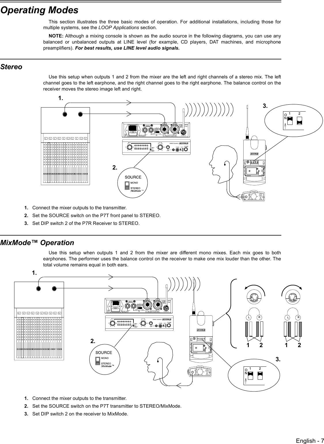 English - 7Operating ModesThis section illustrates the three basic modes of operation. For additional installations, including those formultiple systems, see the LOOP Applications section. NOTE: Although a mixing console is shown as the audio source in the following diagrams, you can use anybalanced or unbalanced outputs at LINE level (for example, CD players, DAT machines, and microphonepreamplifiers). For best results, use LINE level audio signals. StereoUse this setup when outputs 1 and 2 from the mixer are the left and right channels of a stereo mix. The leftchannel goes to the left earphone, and the right channel goes to the right earphone. The balance control on thereceiver moves the stereo image left and right. 1. Connect the mixer outputs to the transmitter.2. Set the SOURCE switch on the P7T front panel to STEREO.3. Set DIP switch 2 of the P7R Receiver to STEREO.MixMode™ OperationUse this setup when outputs 1 and 2 from the mixer are different mono mixes. Each mix goes to bothearphones. The performer uses the balance control on the receiver to make one mix louder than the other. Thetotal volume remains equal in both ears. 1. Connect the mixer outputs to the transmitter.2. Set the SOURCE switch on the P7T transmitter to STEREO/MixMode.3. Set DIP switch 2 on the receiver to MixMode.C8401.2.3.1.3.2. 1212