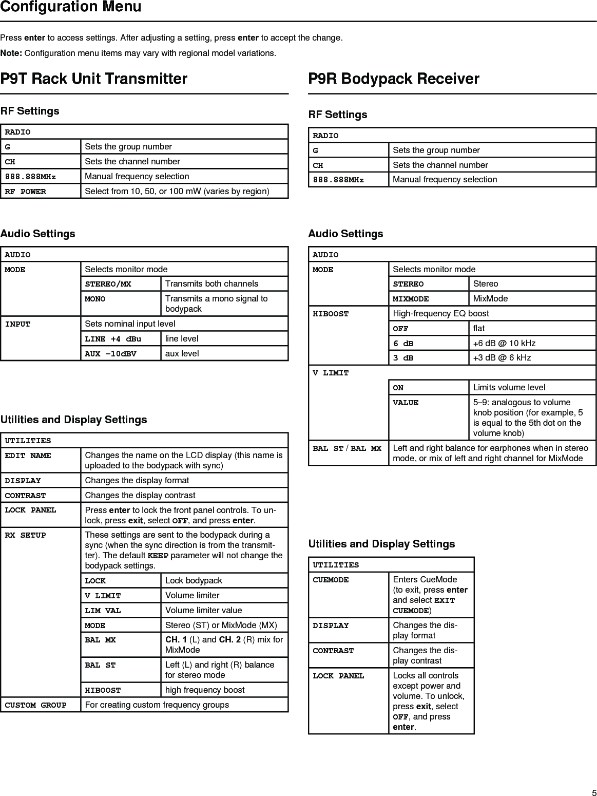 5Configuration MenuPress enter to access settings. After adjusting a setting, press enter to accept the change.Note: Configuration menu items may vary with regional model variations.P9T Rack Unit TransmitterRF SettingsRADIOGSets the group numberCH Sets the channel number888.888MHz Manual frequency selectionRF POWER Select from 10, 50, or 100 mW (varies by region)Audio SettingsAUDIOMODE Selects monitor modeSTEREO/MX Transmits both channelsMONO Transmits a mono signal to bodypackINPUT Sets nominal input levelLINE +4 dBu line levelAUX –10dBV aux levelUtilities and Display SettingsUTILITIESEDIT NAME Changes the name on the LCD display (this name is uploaded to the bodypack with sync)DISPLAY Changes the display formatCONTRAST Changes the display contrastLOCK PANEL Press enter to lock the front panel controls. To un-lock, press exit, select OFF, and press enter.RX SETUP These settings are sent to the bodypack during a sync (when the sync direction is from the transmit-ter). The default KEEP parameter will not change the bodypack settings.LOCK Lock bodypackV LIMIT Volume limiterLIM VAL Volume limiter valueMODE Stereo (ST) or MixMode (MX)BAL MX CH. 1 (L) and CH. 2 (R) mix for MixModeBAL ST Left (L) and right (R) balance for stereo modeHIBOOST high frequency boostCUSTOM GROUP For creating custom frequency groupsP9R Bodypack ReceiverRF SettingsRADIOGSets the group numberCH Sets the channel number888.888MHz Manual frequency selectionUtilities and Display SettingsUTILITIESCUEMODE Enters CueMode (to exit, press enter and select EXIT CUEMODE) DISPLAY Changes the dis-play formatCONTRAST Changes the dis-play contrastLOCK PANEL Locks all controls except power and volume. To unlock, press exit, select OFF, and press enter.Audio SettingsAUDIOMODE Selects monitor modeSTEREO StereoMIXMODE MixModeHIBOOST High-frequency EQ boostOFF flat6 dB +6 dB @ 10 kHz3 dB +3 dB @ 6 kHzV LIMITON Limits volume levelVALUE 5–9: analogous to volume knob position (for example, 5 is equal to the 5th dot on the volume knob)BAL ST / BAL MX Left and right balance for earphones when in stereo mode, or mix of left and right channel for MixMode
