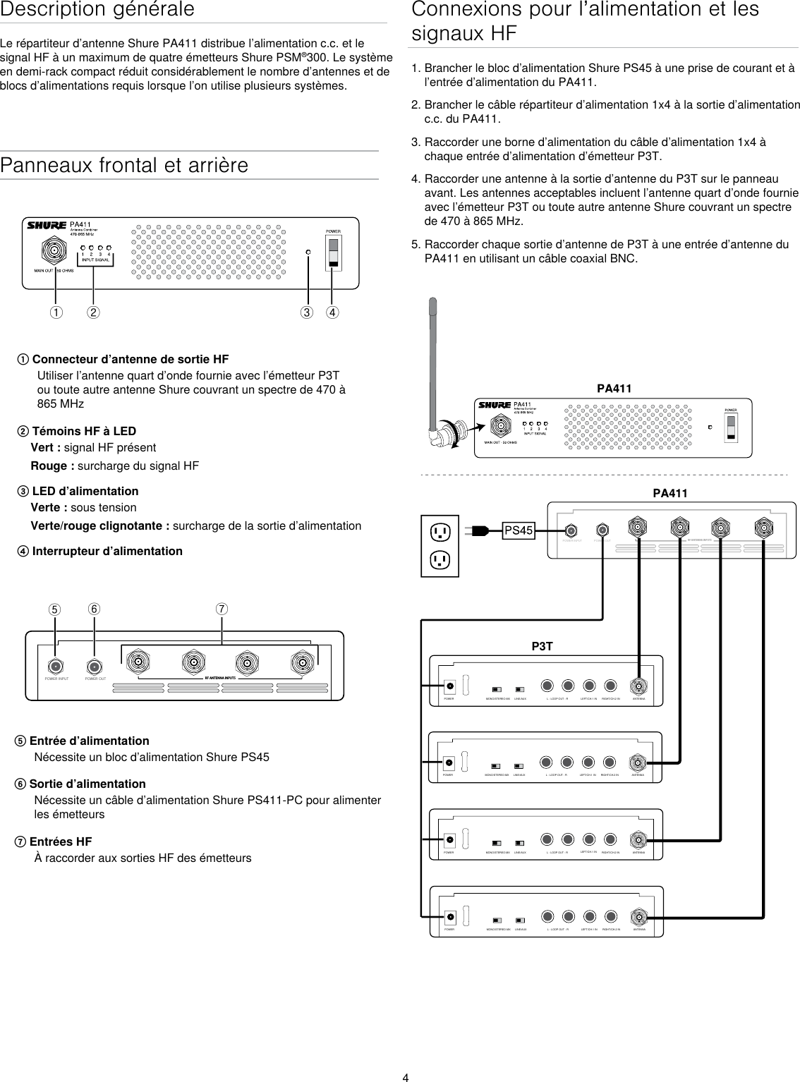 4Description généraleLe répartiteur d’antenne Shure PA411 distribue l’alimentation c.c. et le signal HF à un maximum de quatre émetteurs Shure PSM®300. Le système en demi-rack compact réduit considérablement le nombre d’antennes et de blocs d’alimentations requis lorsque l’on utilise plusieurs systèmes.Panneaux frontal et arrièreྙ ྚ ྛ ྜPOWER INPUT POWER OUT RF ANTENNA INPUTSྜྷྞྟ① Connecteur d’antenne de sortie HFUtiliser l’antenne quart d’onde fournie avec l’émetteur P3T ou toute autre antenne Shure couvrant un spectre de 470 à 865 MHz② Témoins HF à LEDVert : signal HF présentRouge : surcharge du signal HF③ LED d’alimentationVerte : sous tensionVerte/rouge clignotante : surcharge de la sortie d’alimentation④ Interrupteur d’alimentation⑤ Entrée d’alimentationNécessite un bloc d’alimentation Shure PS45 ⑥ Sortie d’alimentationNécessite un câble d’alimentation Shure PS411-PC pour alimenter les émetteurs⑦ Entrées HFÀ raccorder aux sorties HF des émetteursConnexions pour l’alimentation et les signaux HF1. Brancher le bloc d’alimentation Shure PS45 à une prise de courant et à l’entrée d’alimentation du PA411.2. Brancher le câble répartiteur d’alimentation 1x4 à la sortie d’alimentation c.c. du PA411. 3. Raccorder une borne d’alimentation du câble d’alimentation 1x4 à chaque entrée d’alimentation d’émetteur P3T.4. Raccorder une antenne à la sortie d’antenne du P3T sur le panneau avant. Les antennes acceptables incluent l’antenne quart d’onde fournie avec l’émetteur P3T ou toute autre antenne Shure couvrant un spectre de 470 à 865 MHz. 5. Raccorder chaque sortie d’antenne de P3T à une entrée d’antenne du PA411 en utilisant un câble coaxial BNC.POWER INPUTPOWER OUTRF ANTENNA INPUTSP3TMONO/STEREO-MX LINE/AUX LEFT/CH.1 IN RIGHT/CH.2 INL - LOOP OUT - R ANTENNAPOWERMONO/STEREO-MX LINE/AUX LEFT/CH.1 IN RIGHT/CH.2 INL - LOOP OUT - R ANTENNAPOWERMONO/STEREO-MX LINE/AUX LEFT/CH.1 IN RIGHT/CH.2 INL - LOOP OUT - R ANTENNAPOWERMONO/STEREO-MX LINE/AUX LEFT/CH.1 IN RIGHT/CH.2 INL - LOOP OUT - R ANTENNAPOWER